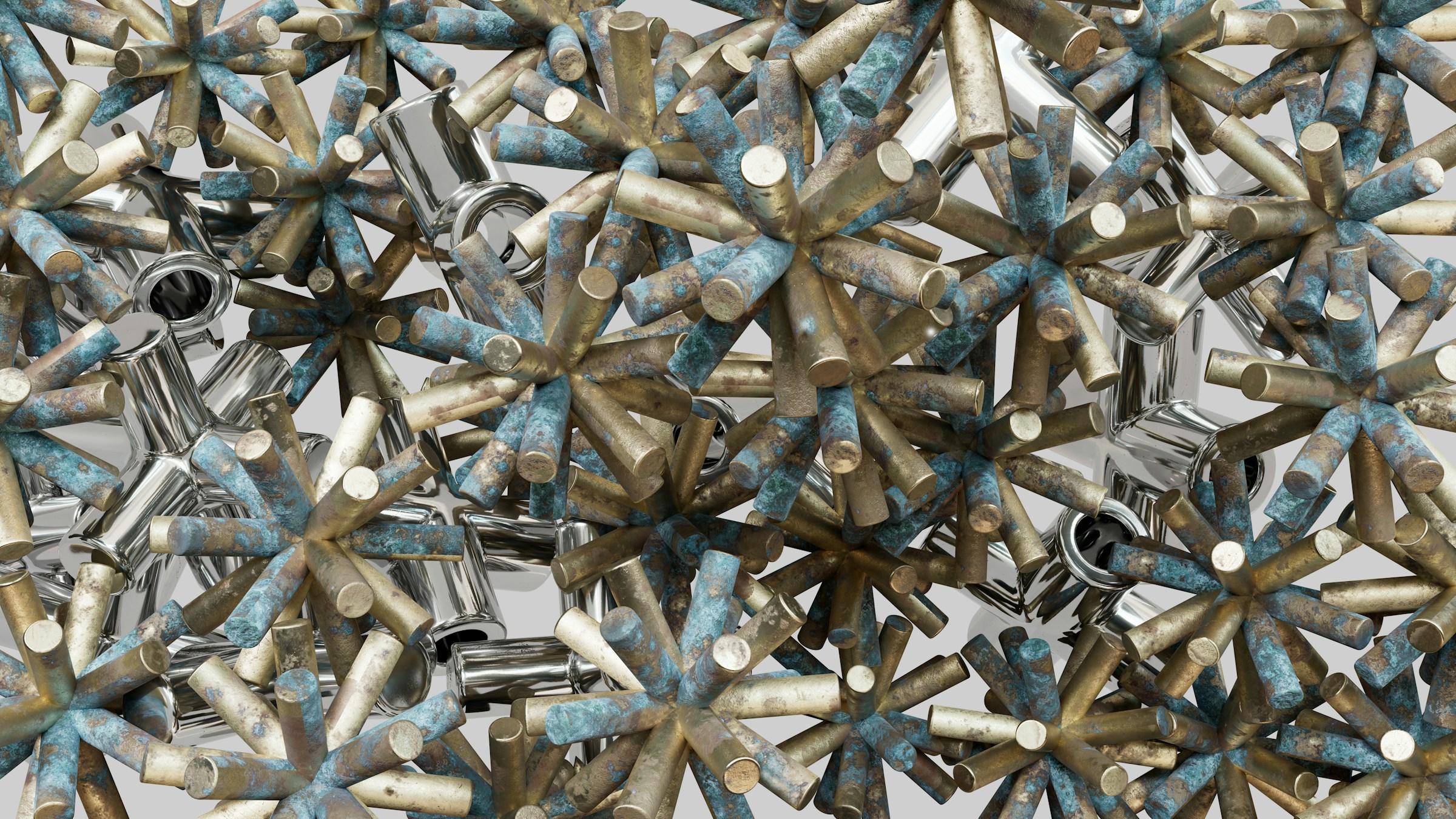 Abstract metallic network structure with brass rods and chrome connectors