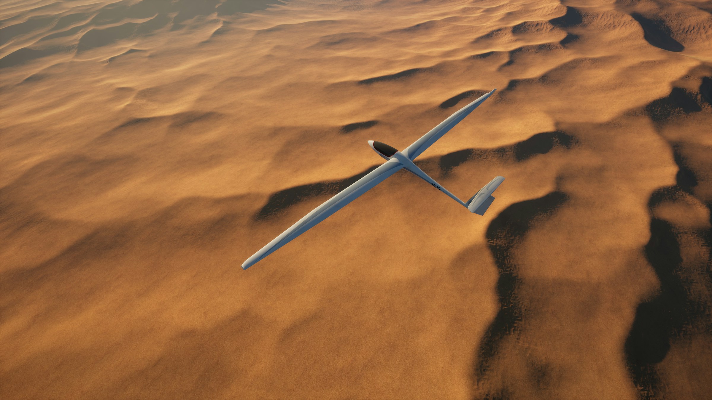 White glider drone flying over desert sand dunes
