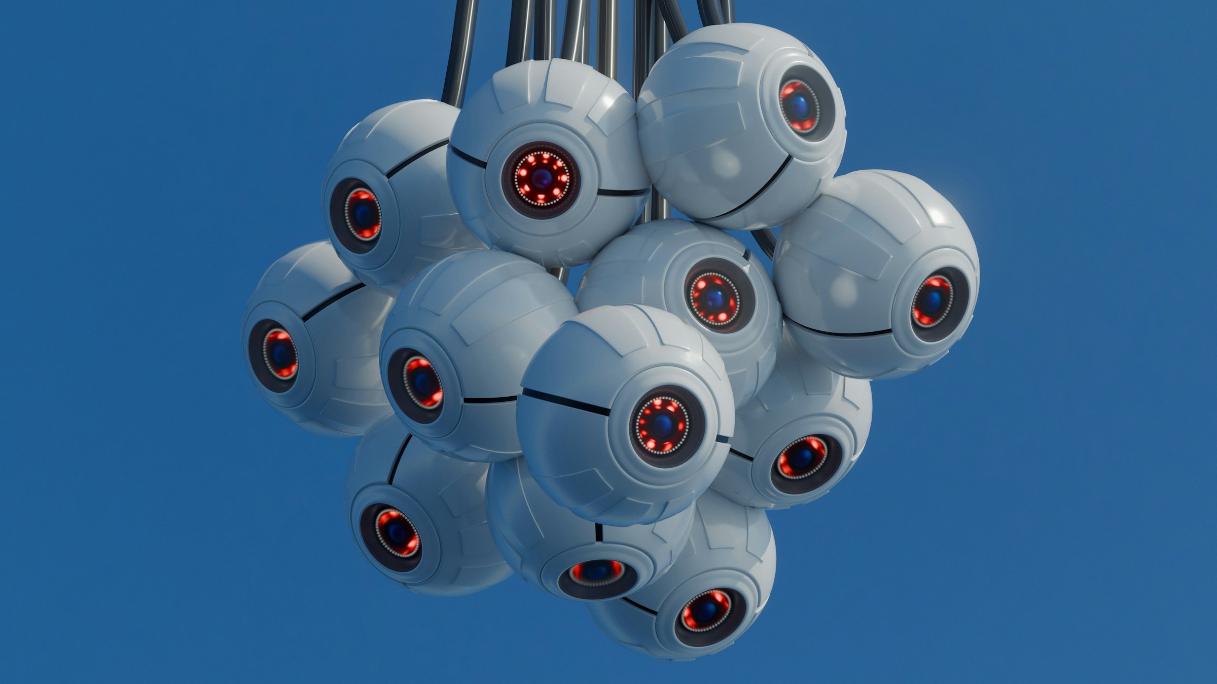 Cluster of white spherical surveillance drones with red glowing sensors