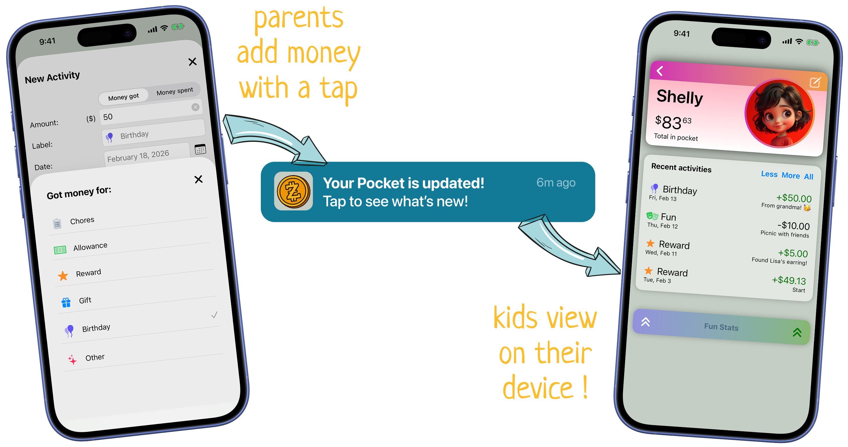 Parents add money and kids view on their device in real time