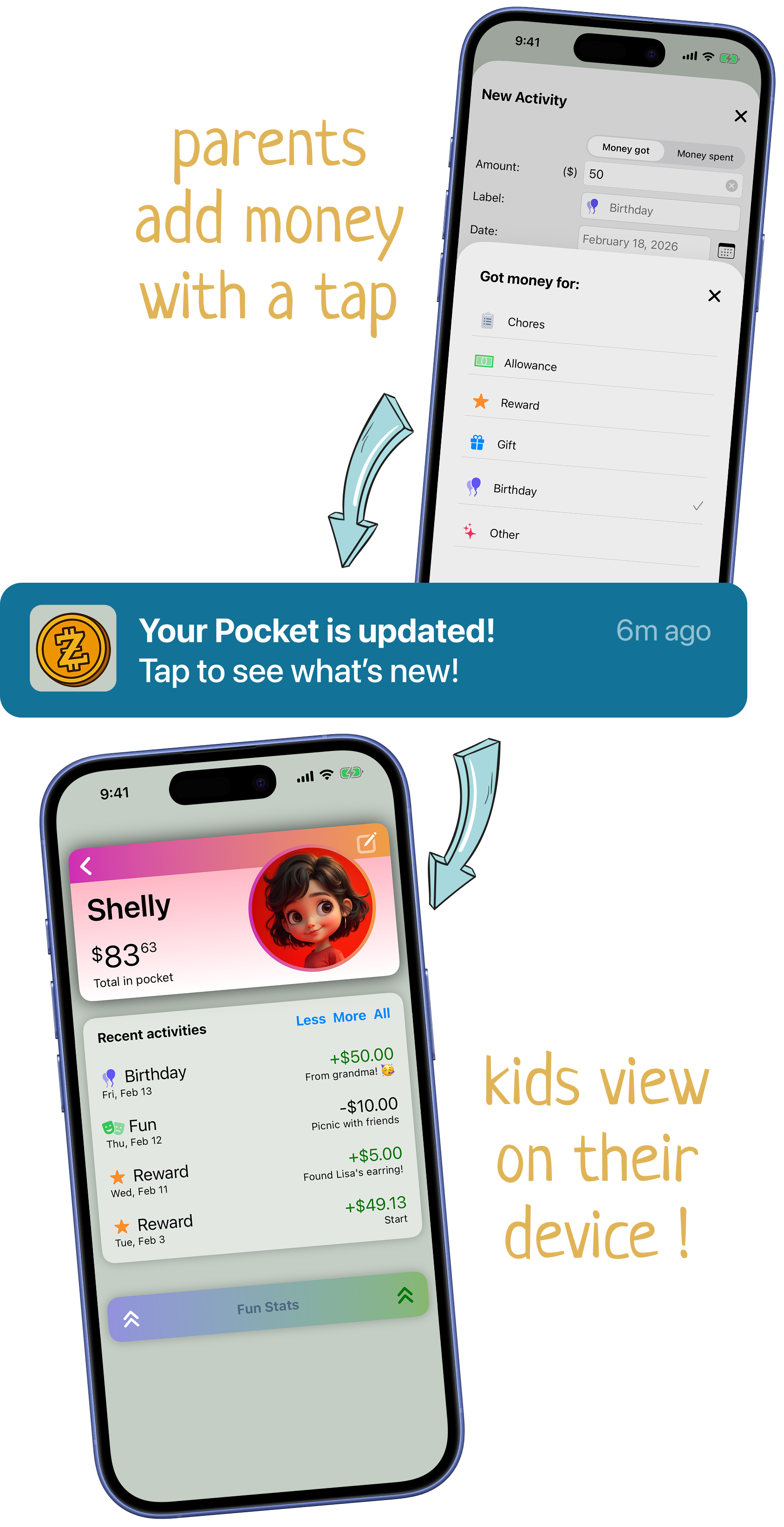 Parents add money and kids view on their device in real time