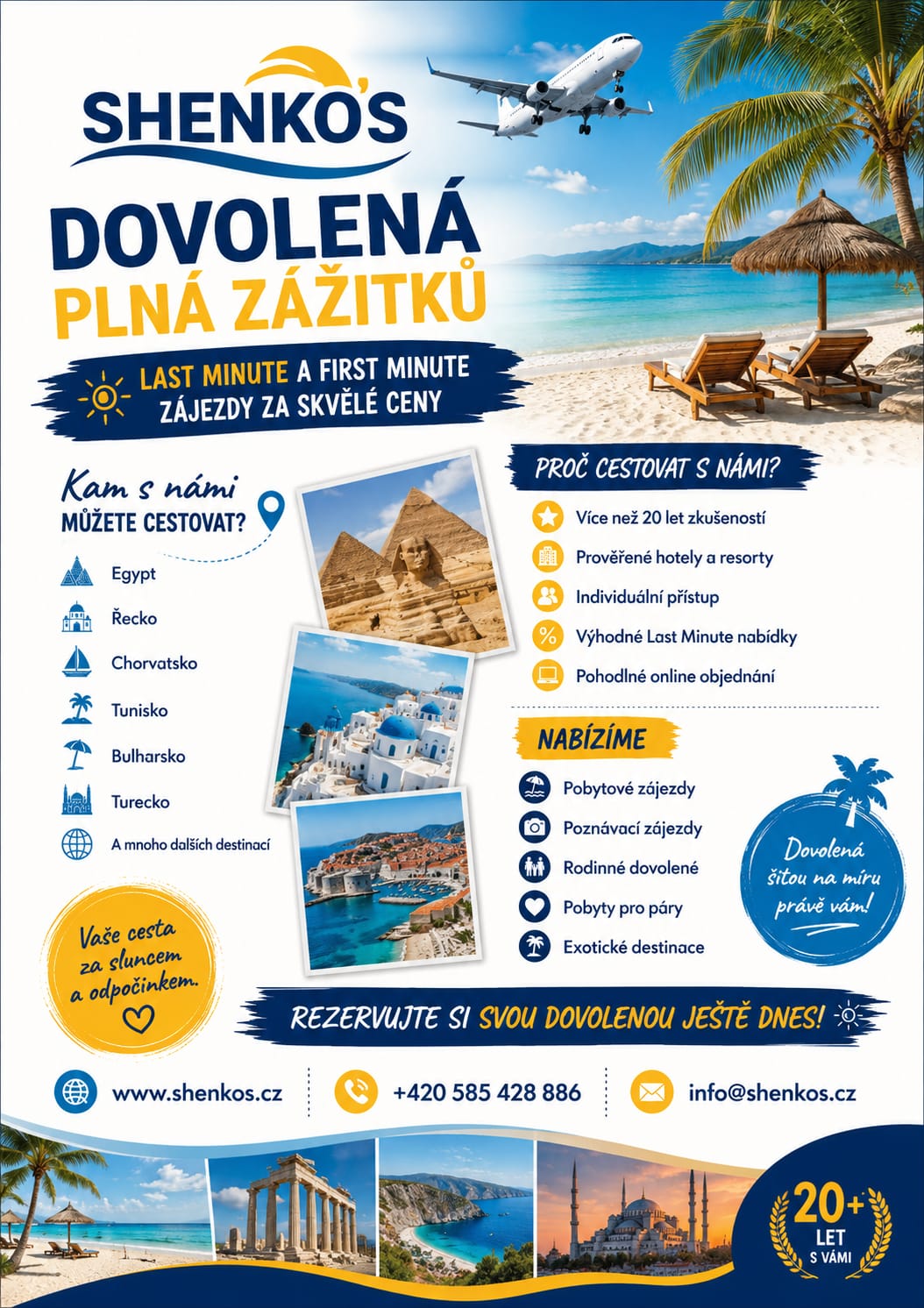 Leták cestovní kanceláře Shenkos — dovolená plná zážitků, last minute a first minute zájezdy