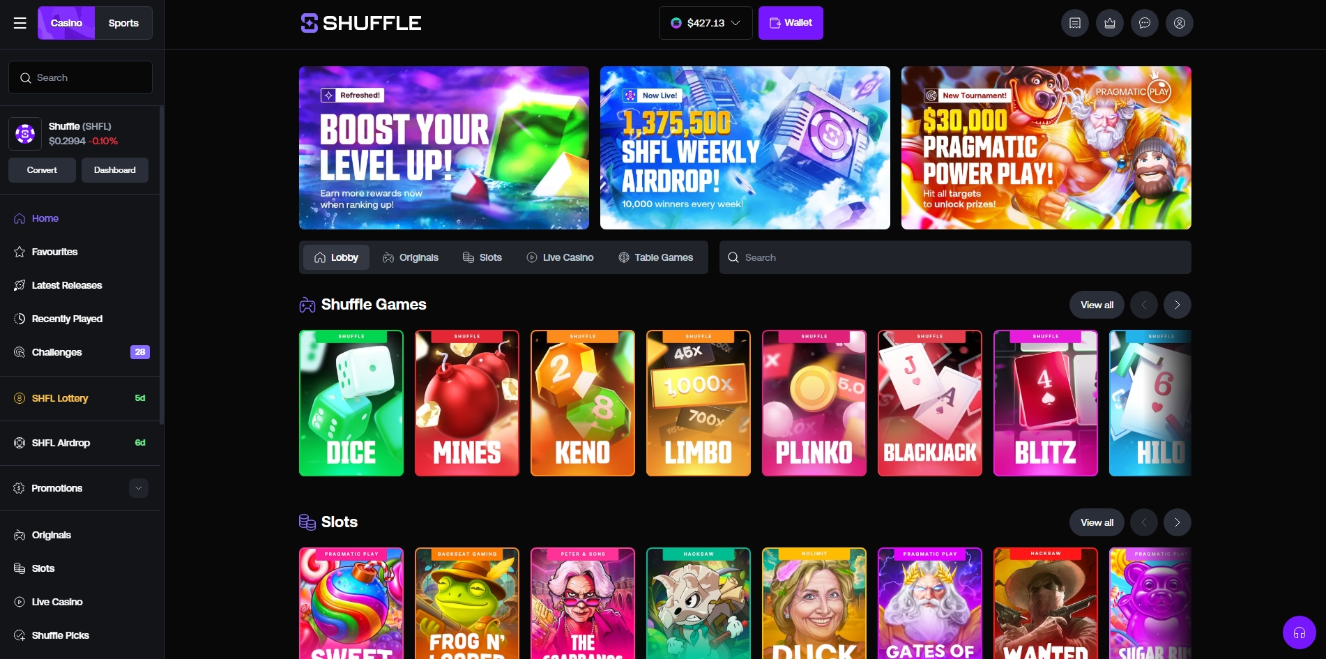 Shuffle Casino interface showing games, promotions, and lobby