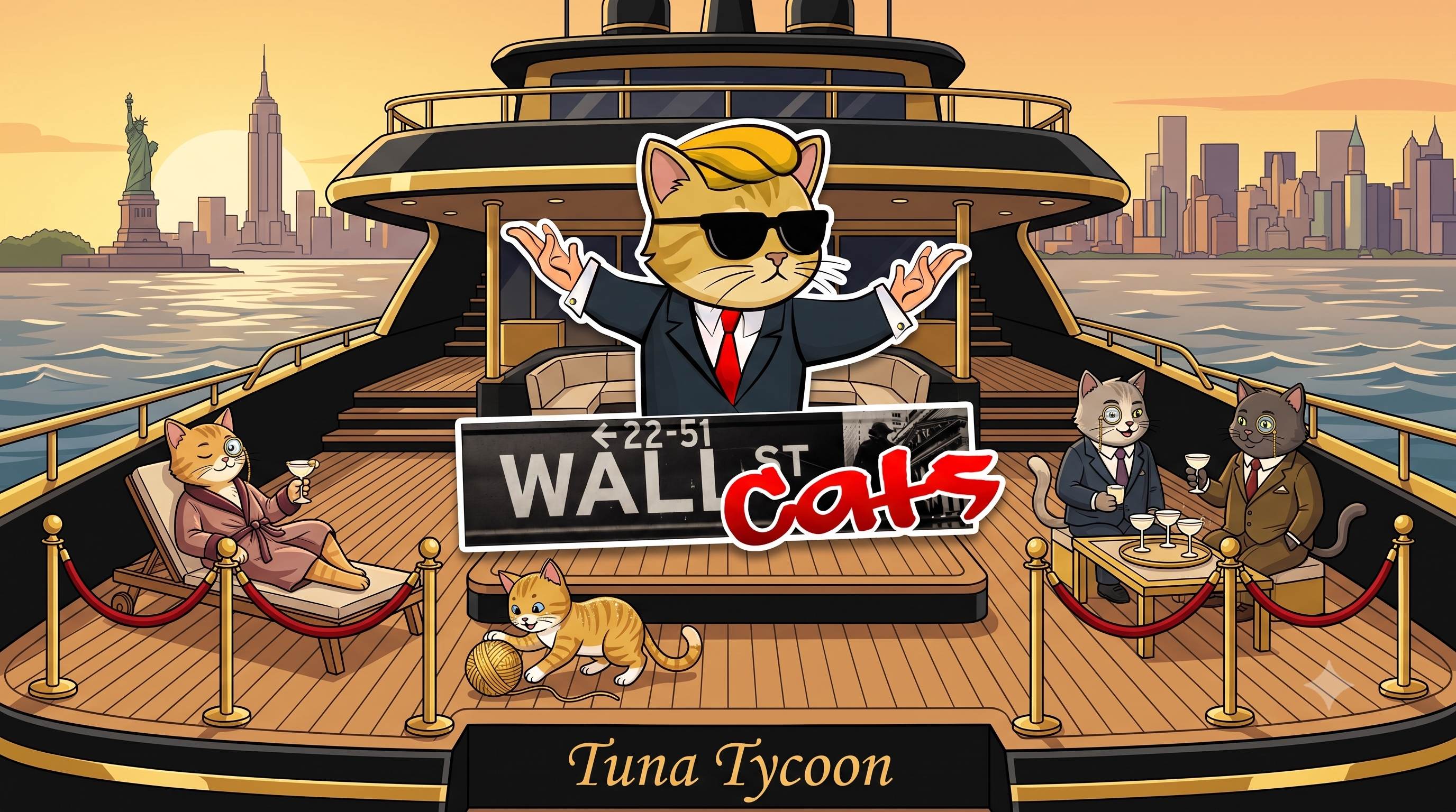 Tuna Tycoon - cats on a luxury yacht with NYC skyline