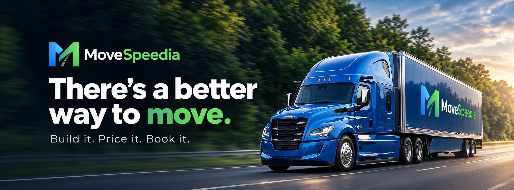A blue MoveSpeedia moving truck traveling along a tree-lined highway