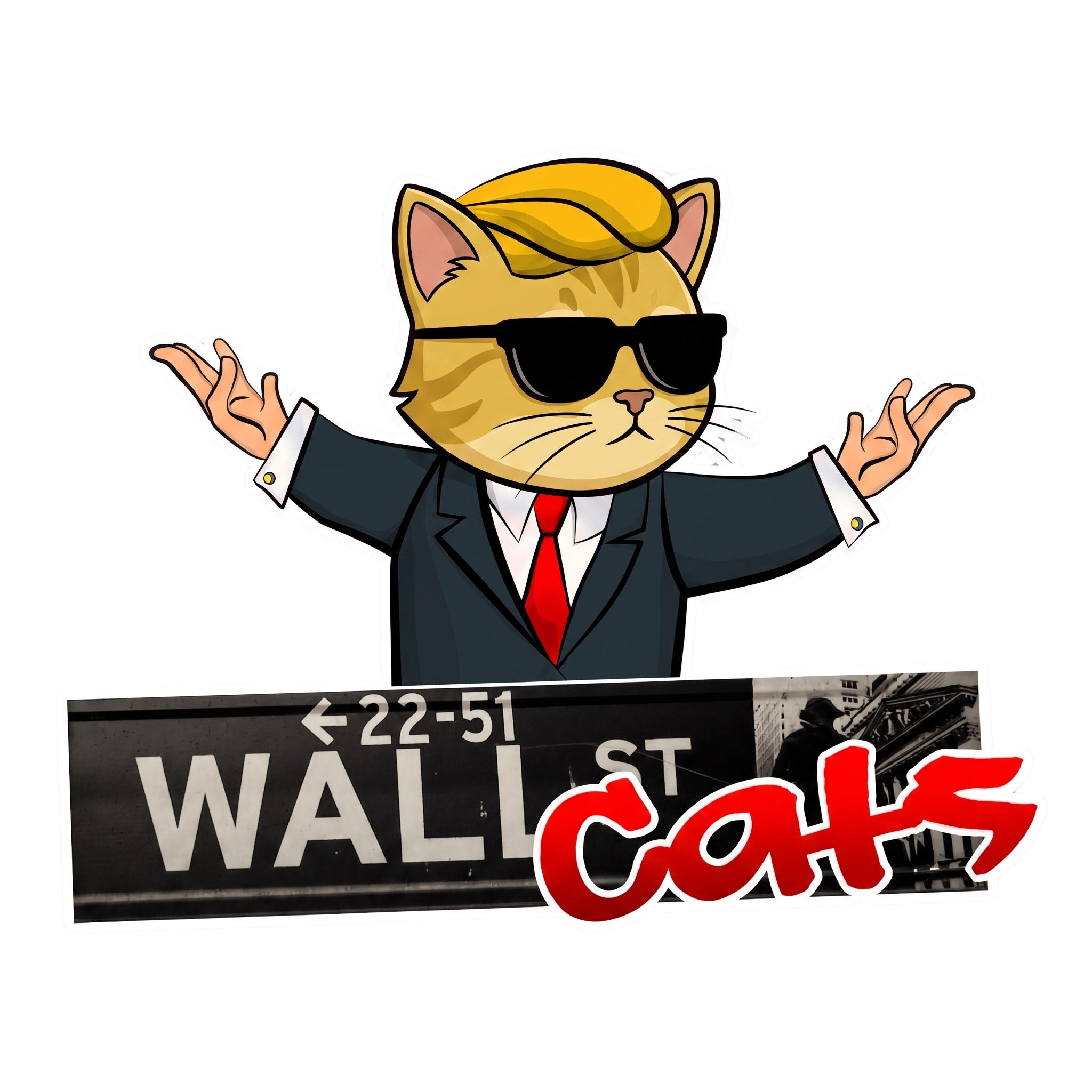 WallStreetCats mascot - cat in suit with sunglasses and Wall Street sign