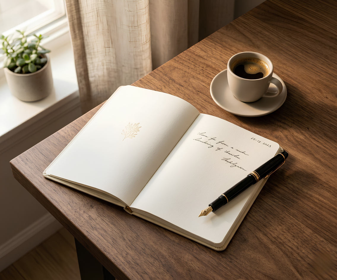Consultation workspace with open notebook, fountain pen, and coffee