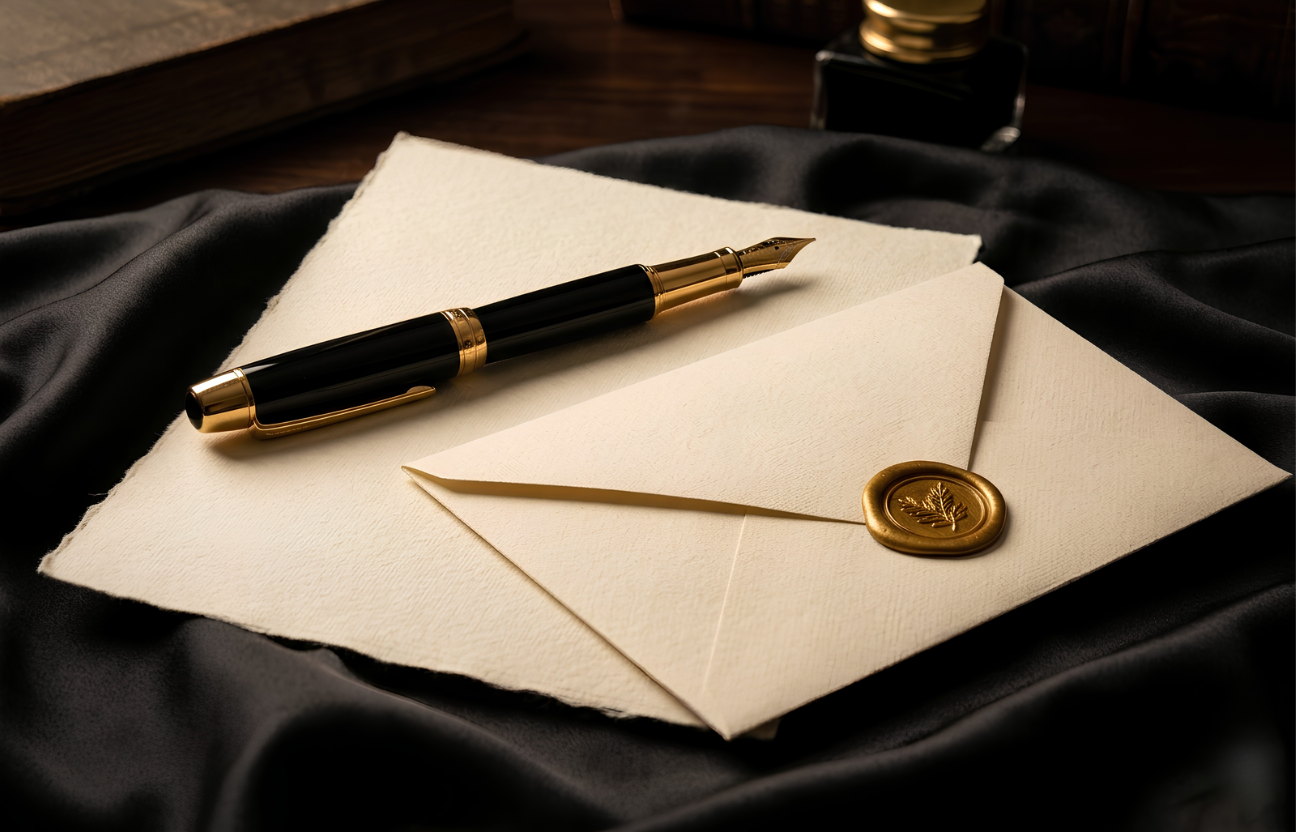 Luxury silk pen and envelope with wax seal
