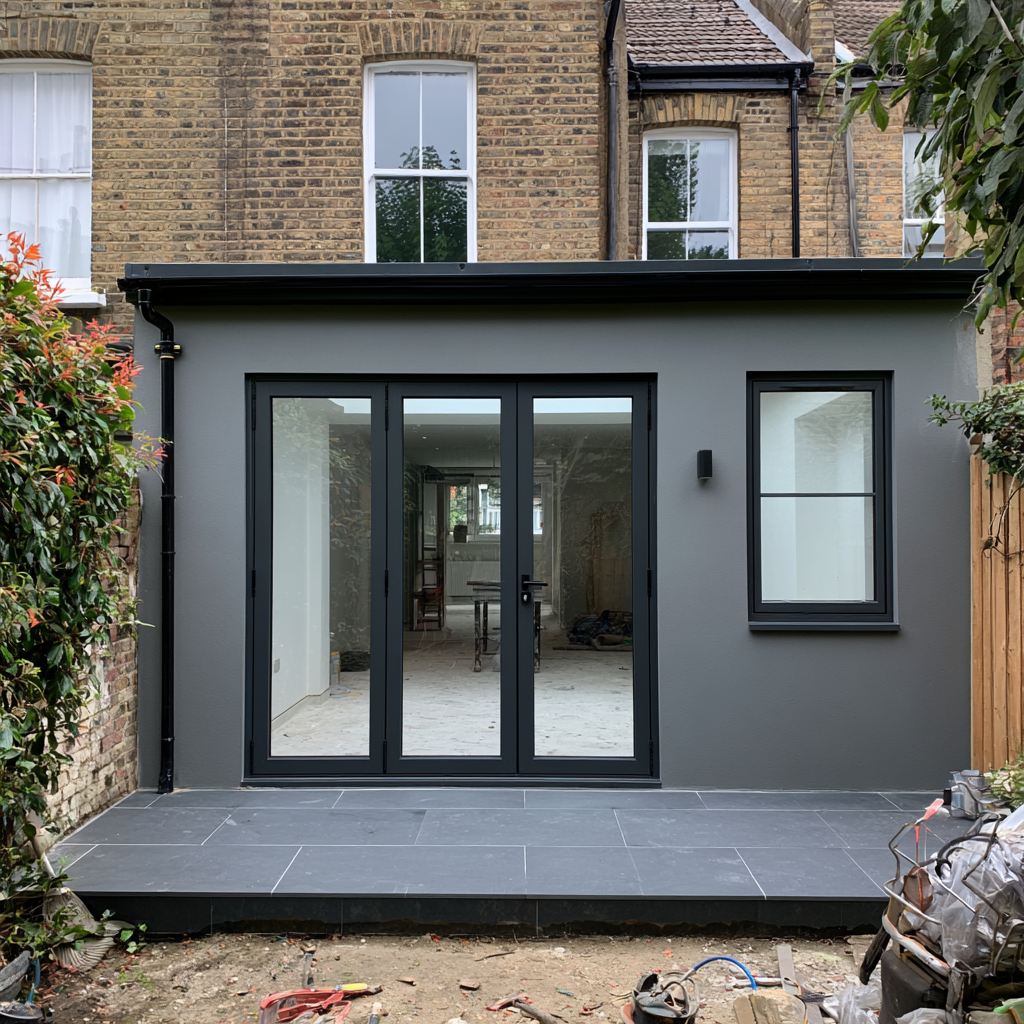 Grey rendered extension with bi-fold doors in Hertfordshire