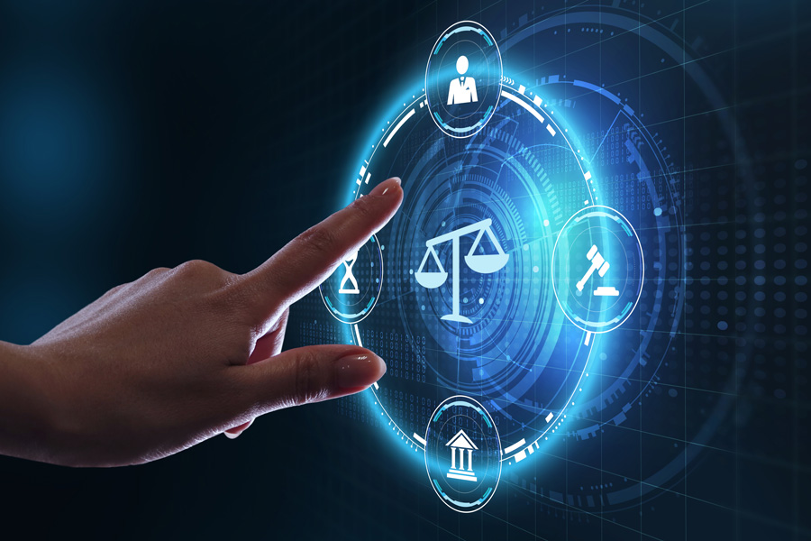 Blue legal technology interface with scales of justice, a gavel, and legal symbols
