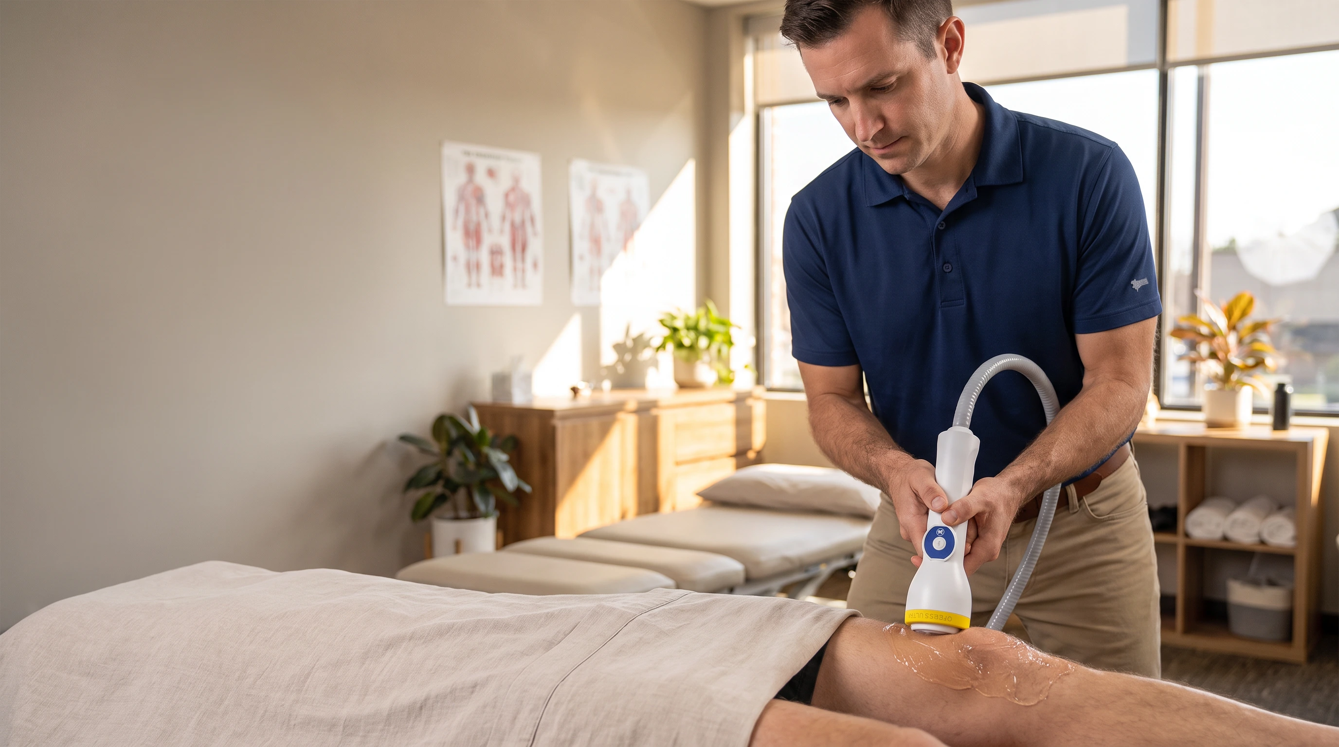 SoftWave device treatment being applied to patient's knee