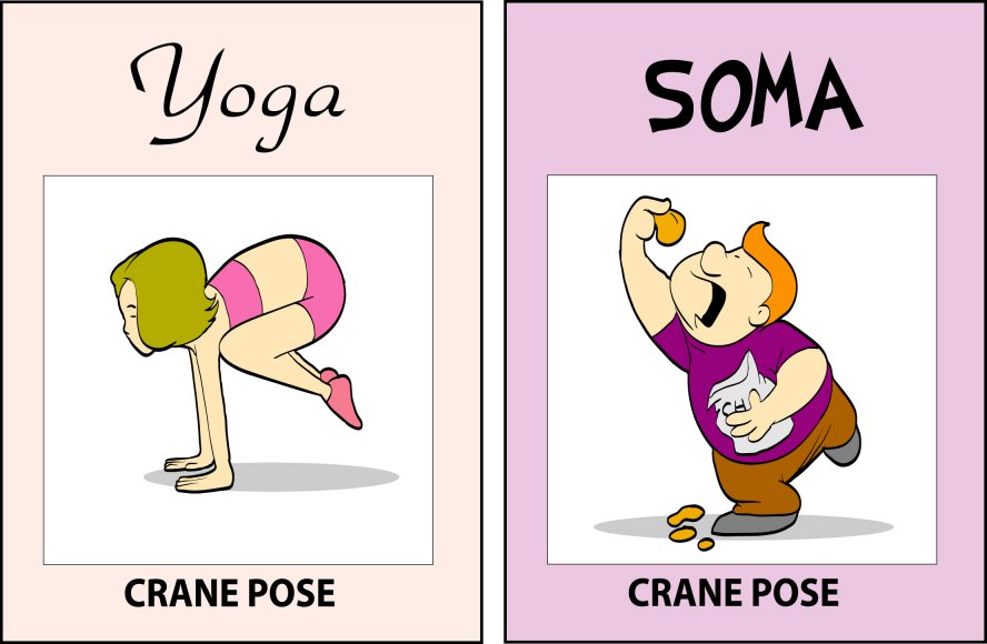 Yoga versus SOMA — Crane Pose: on the right, a man tipping the last chip crumbs from a bag into his mouth.