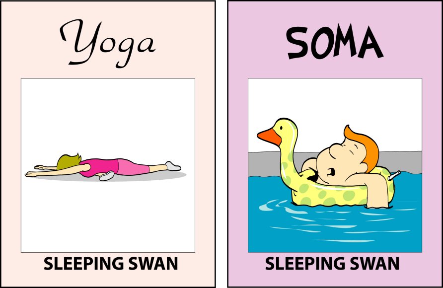 Yoga versus SOMA — Sleeping Swan: on the right, a man dozing in a swan pool float, drink in hand.