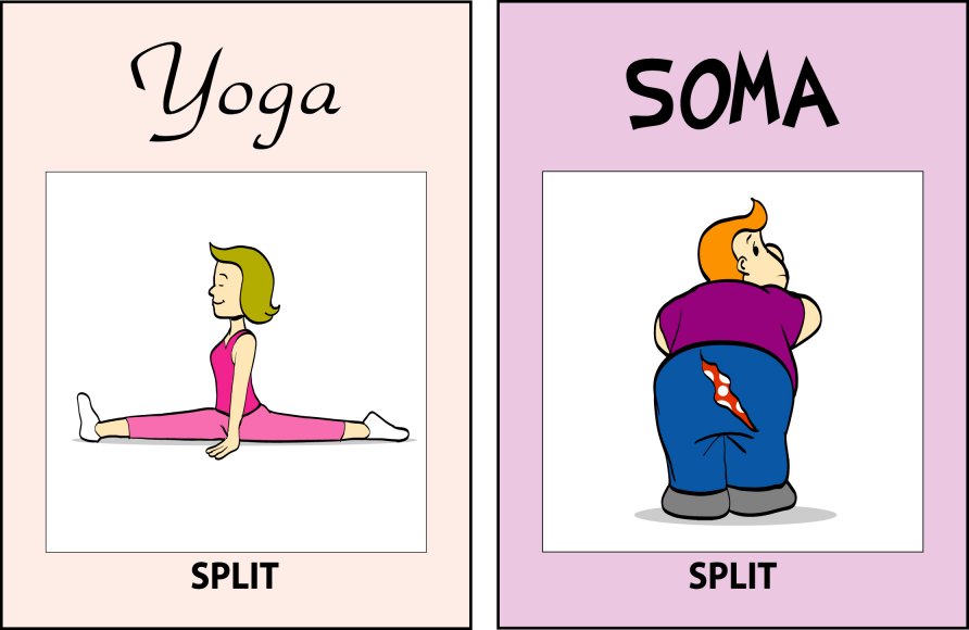 Yoga versus SOMA — Split: on the right, a man who has split the seat of his trousers.