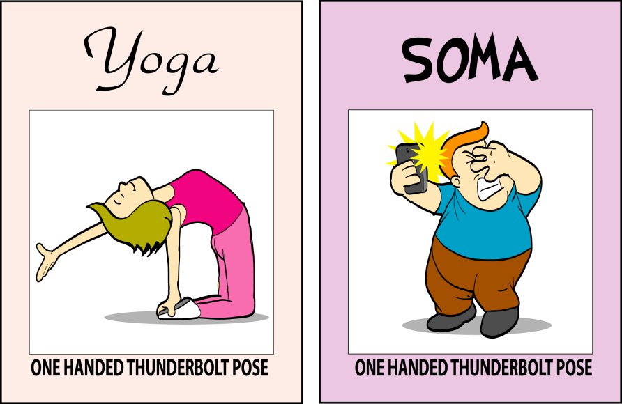 Yoga versus SOMA — One Handed Thunderbolt Pose: on the right, a man taking a selfie as the phone flash zaps him.