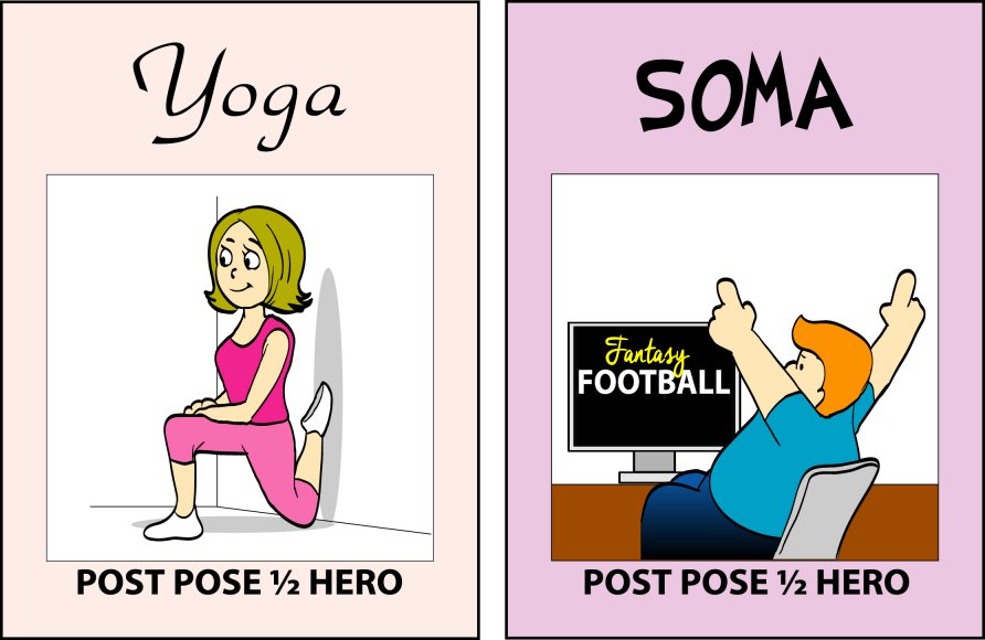 Yoga versus SOMA — Post Pose ½ Hero: on the right, a man throwing his arms up cheering at a Fantasy Football screen.