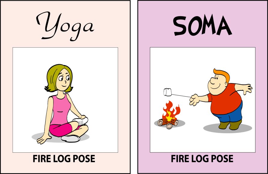 Yoga versus SOMA — Fire Log Pose: on the right, a man roasting a marshmallow over a campfire.