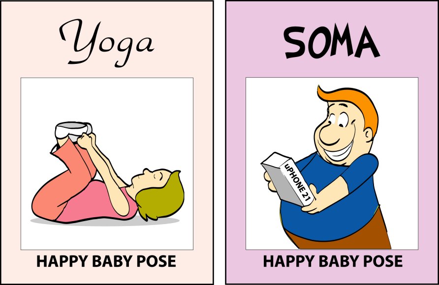 Yoga versus SOMA — Happy Baby Pose: on the right, a man delighted while cradling a new "uPHONE 21" box.