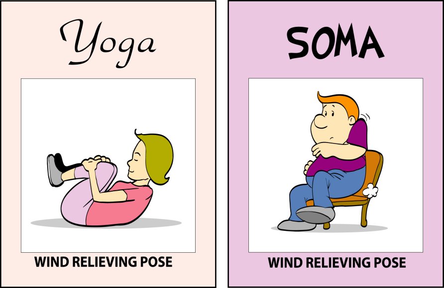 Yoga versus SOMA — Wind Relieving Pose: on the right, a man passing gas in an armchair.