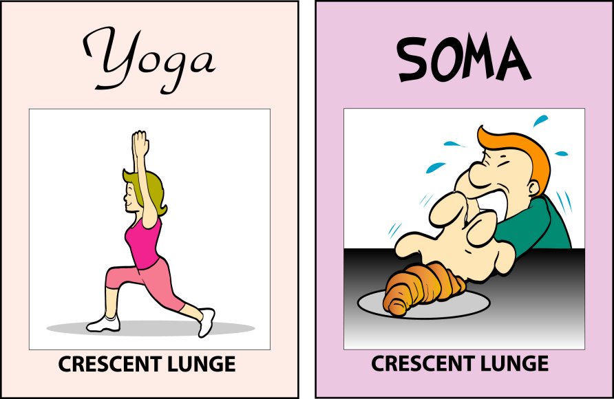 Yoga versus SOMA — Crescent Lunge: on the right, a man tearfully lunging for the last croissant on a plate.