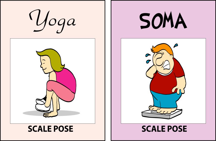 Yoga versus SOMA — Scale Pose: on the right, a man crying as he steps on a bathroom scale.