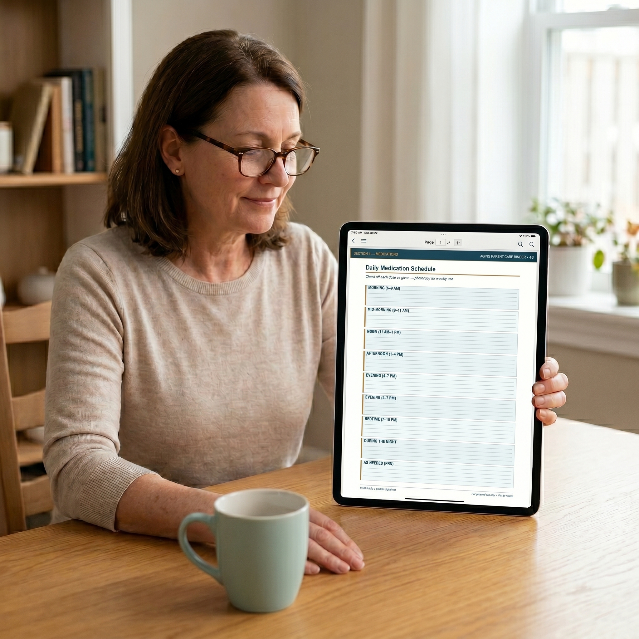 Woman holding tablet displaying Daily Medication Schedule from the care binder