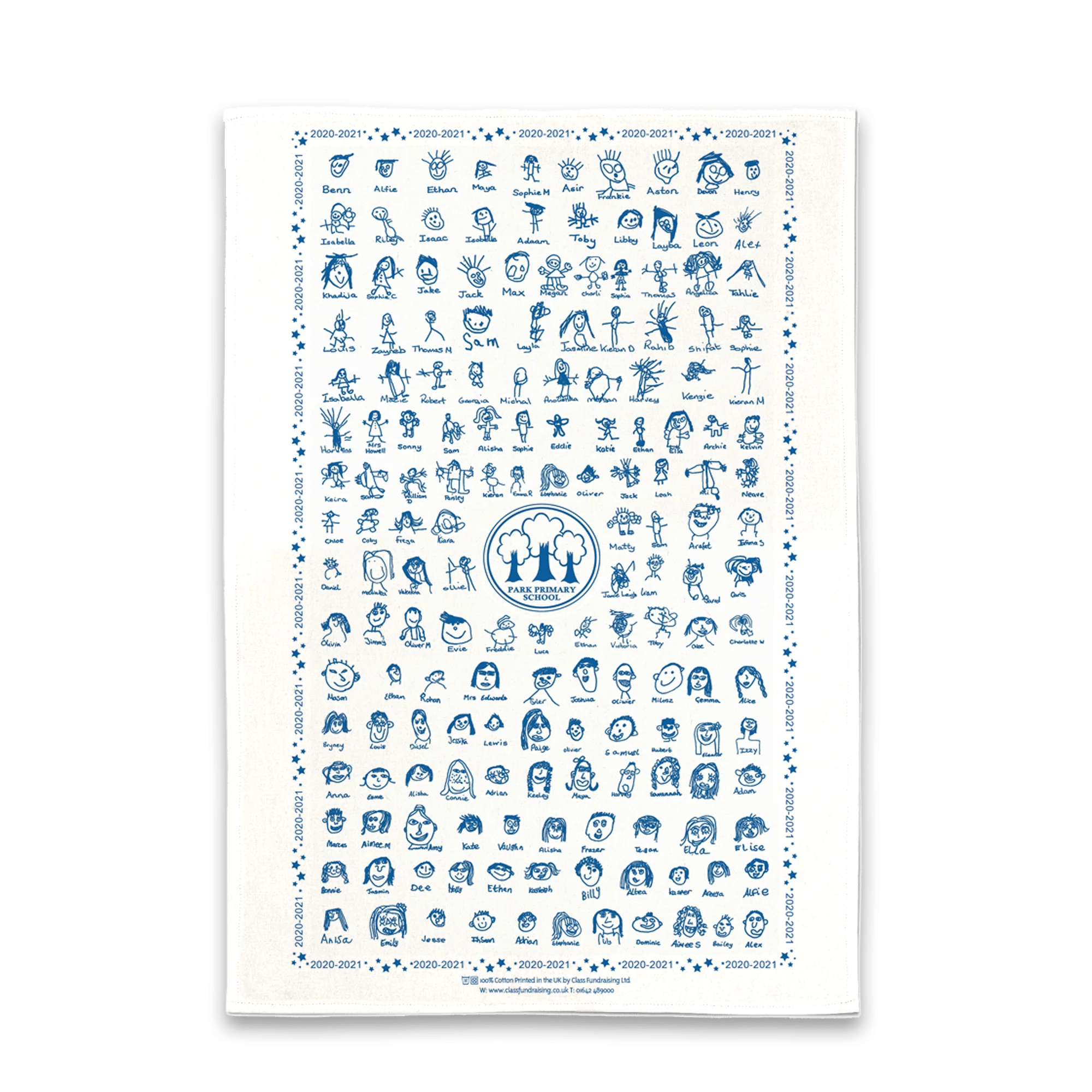 Finished self-portrait tea towel covered in children's drawings for Park Primary School