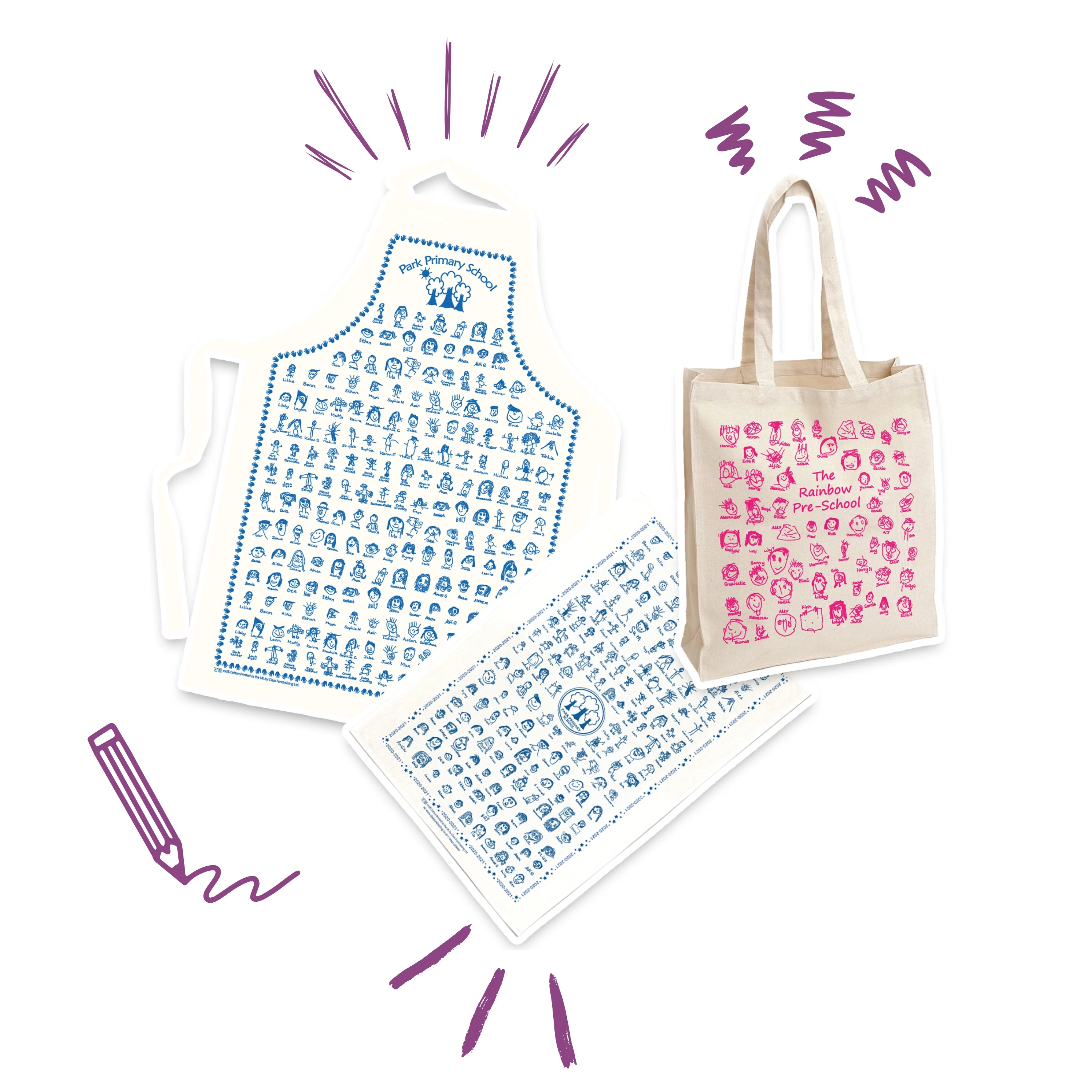 Personalised apron, tote bag and tea towel featuring children's self-portrait drawings
