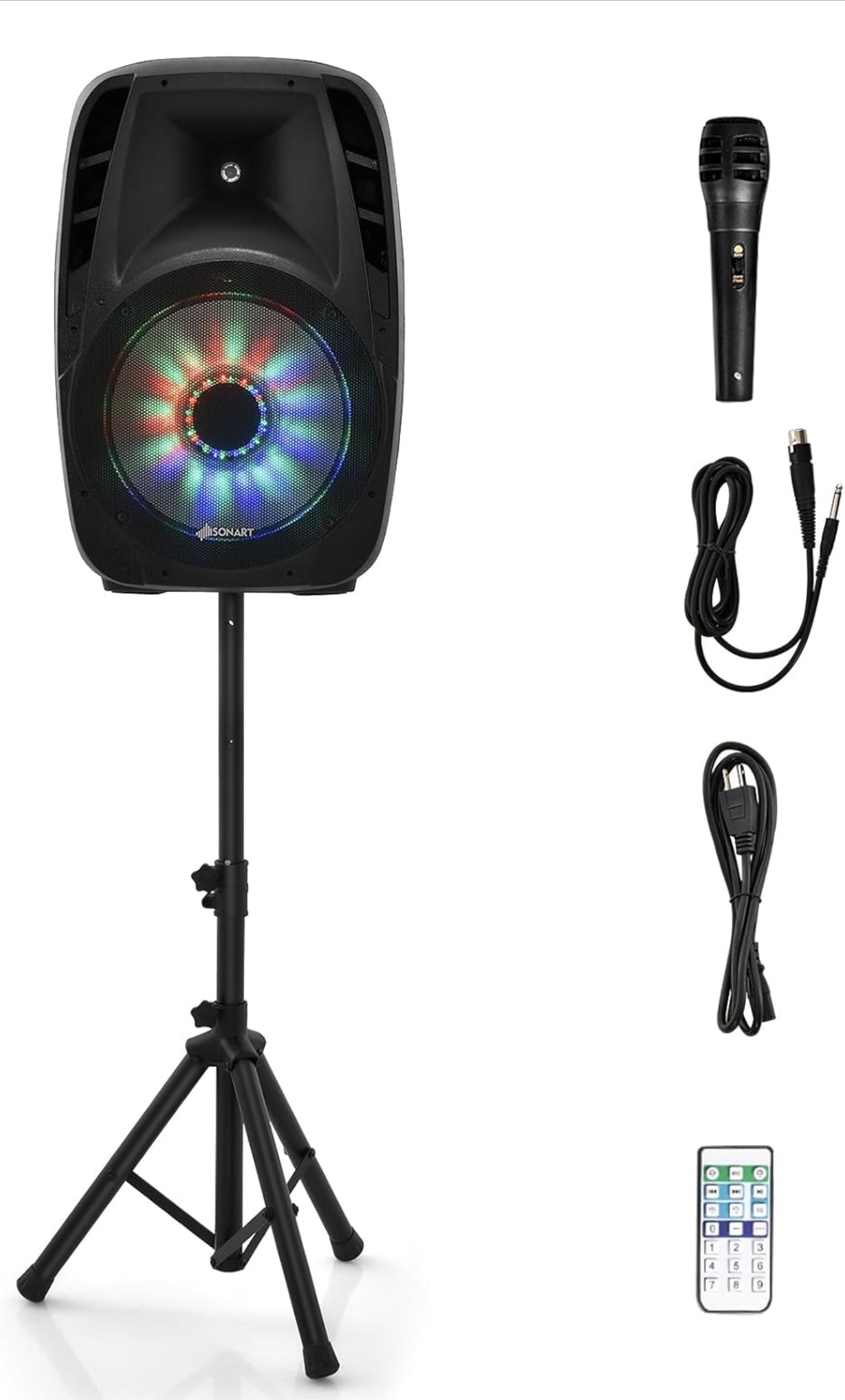 Bluetooth speaker with tripod stand and accessories