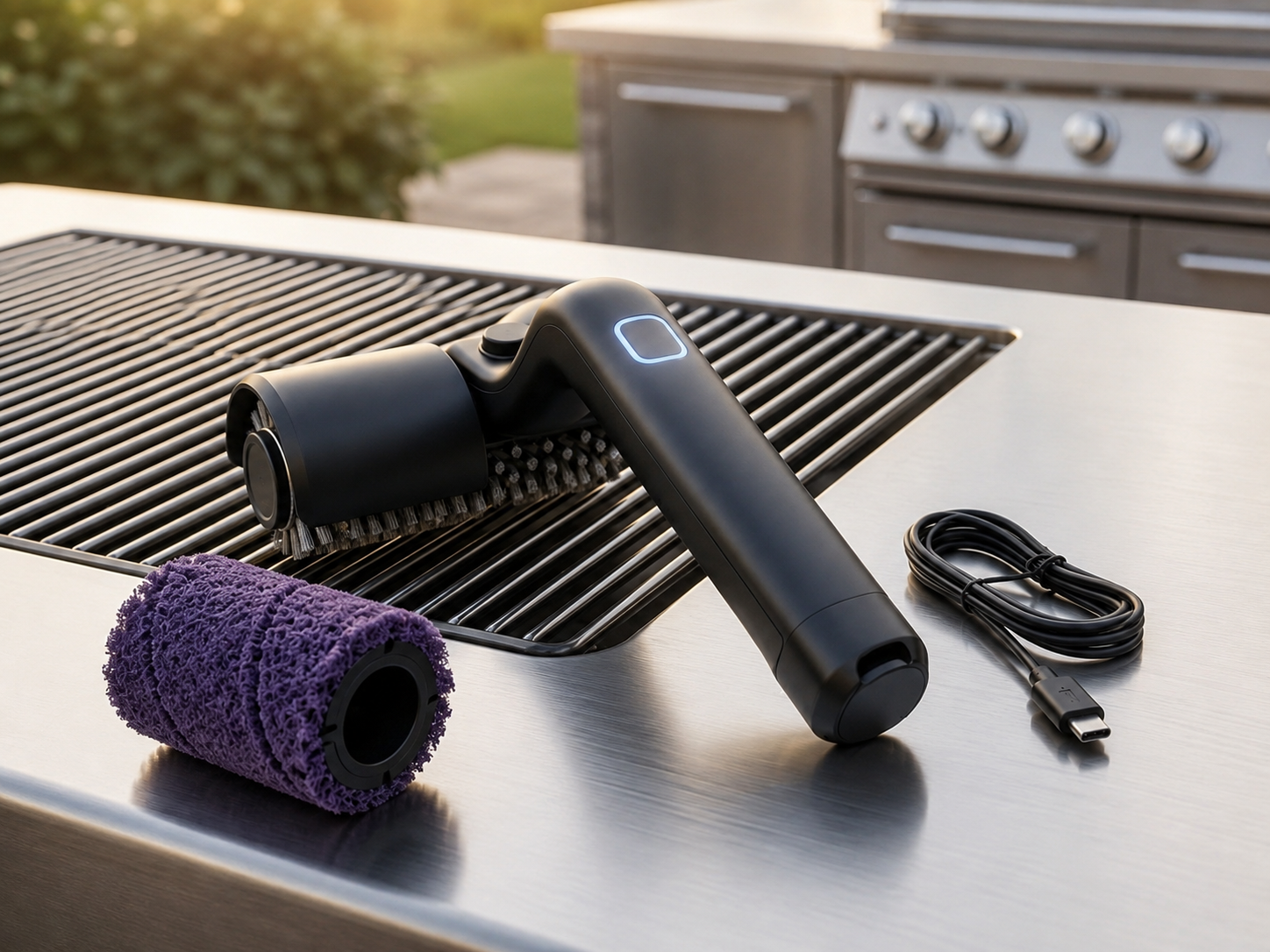GrillWizz powered grill cleaner with purple brush roll and USB-C charging cable on a stainless steel outdoor counter
