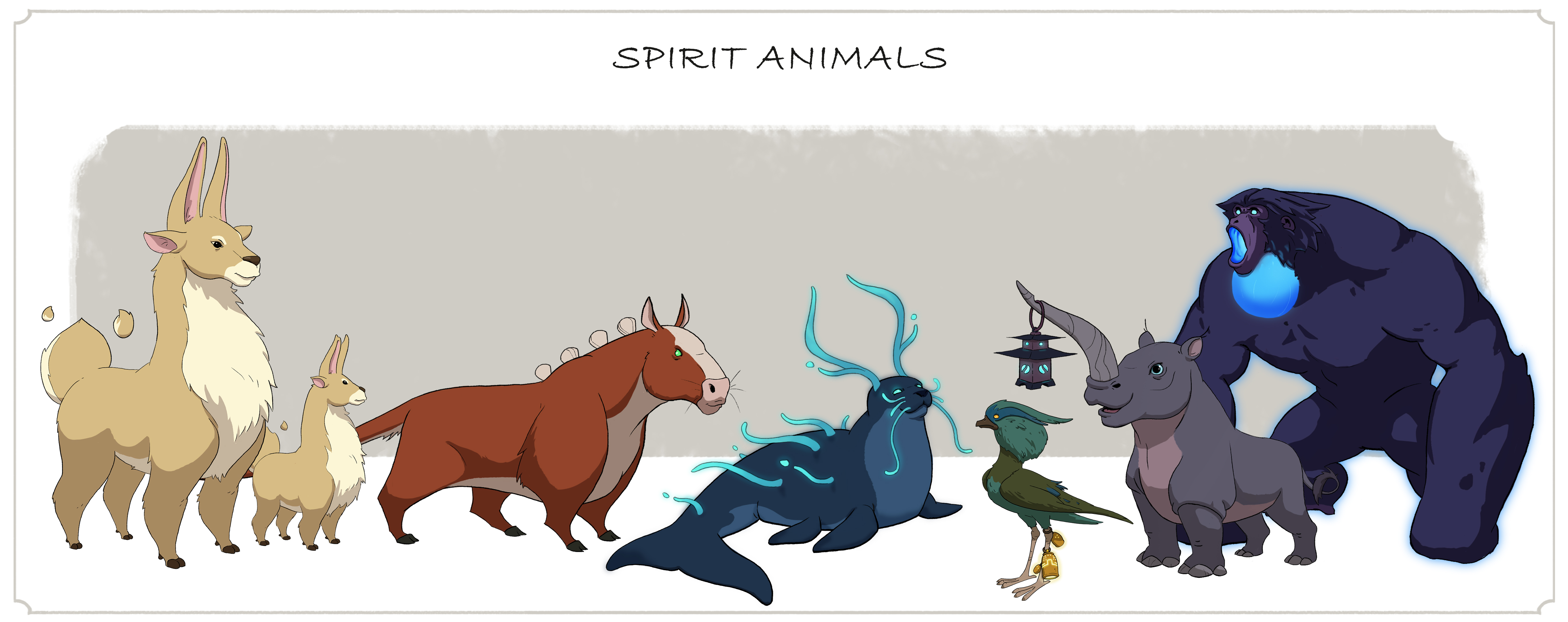 Spirit animal concept lineup from Mestre — a row of mythical creatures rendered in muted, painterly tones
