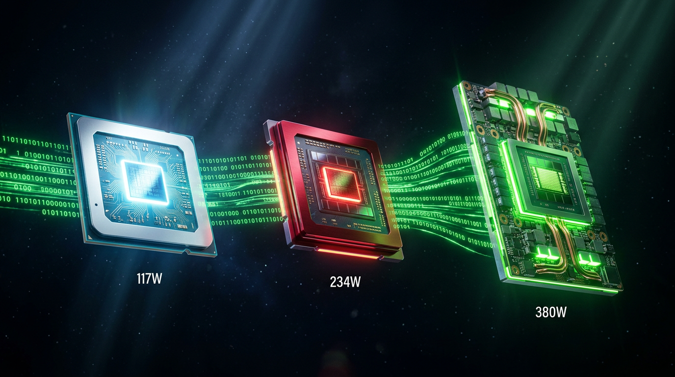 Three stacked compute cores rising in power, connected by streams of binary
