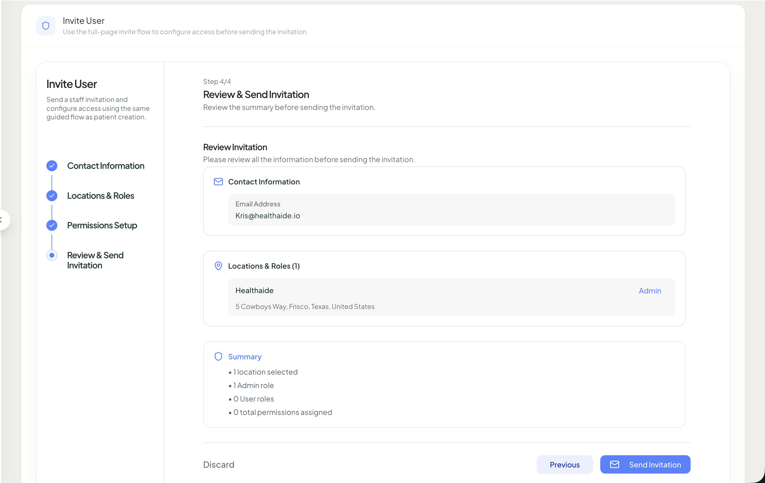 Invite User Step 4 of 4 Review and Send Invitation showing contact, locations and roles, and summary