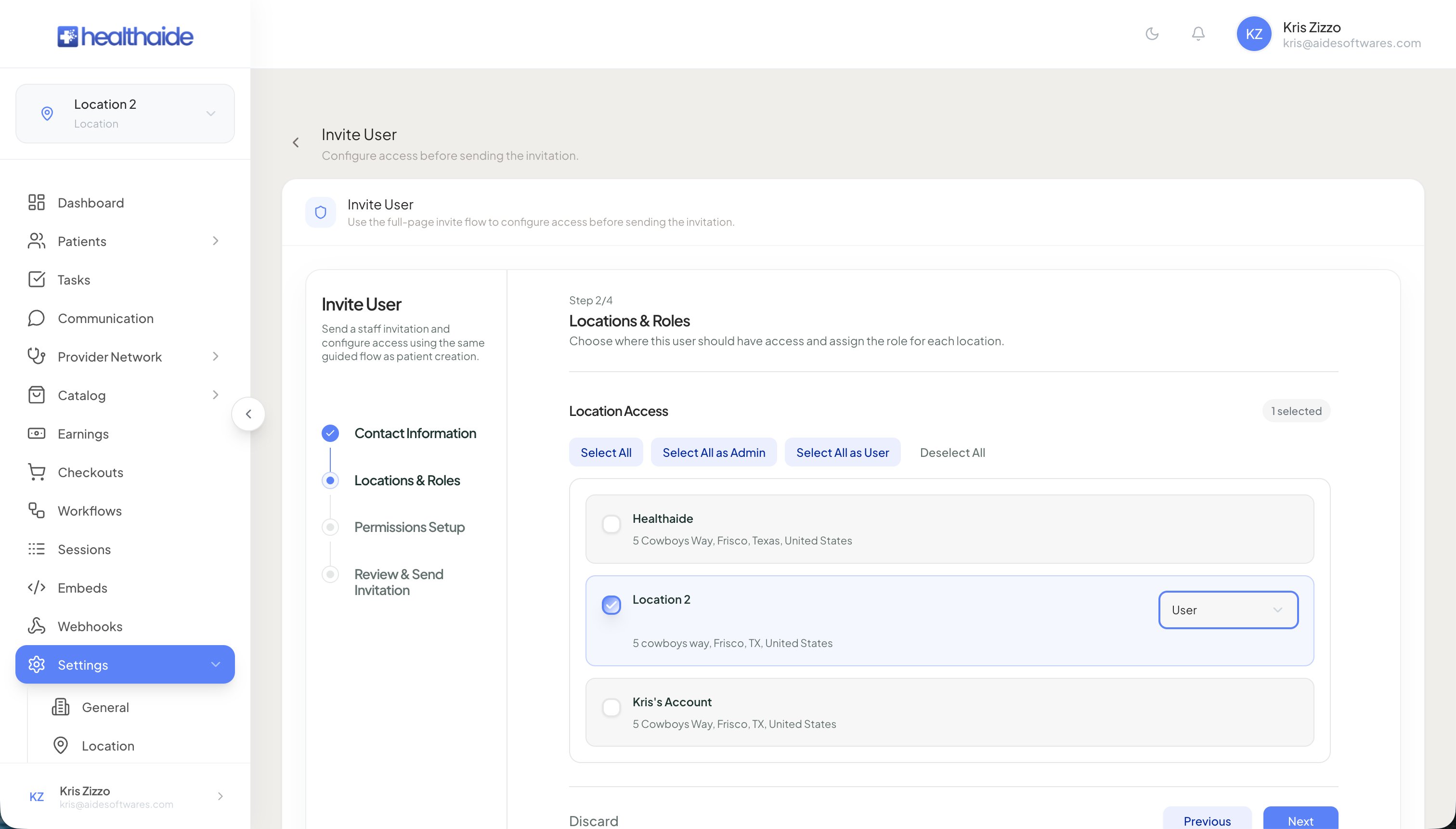 Invite User Step 2 of 4 showing Locations and Roles with location checkboxes and role dropdowns