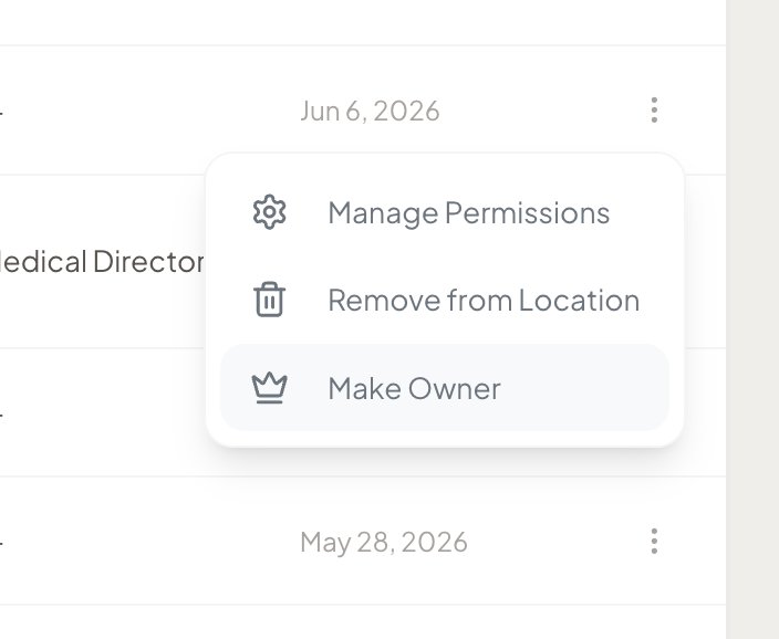 Three-dot action menu showing Manage Permissions, Remove from Location, and Make Owner options