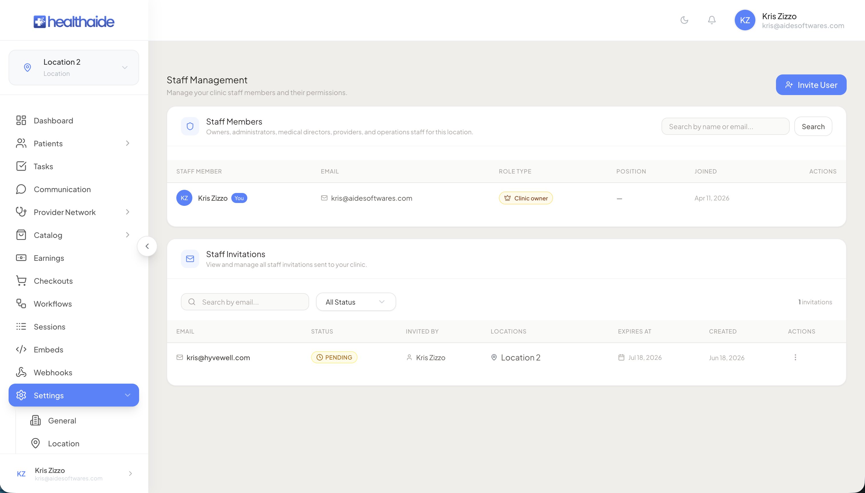 Staff Management page showing the staff members table with role type column