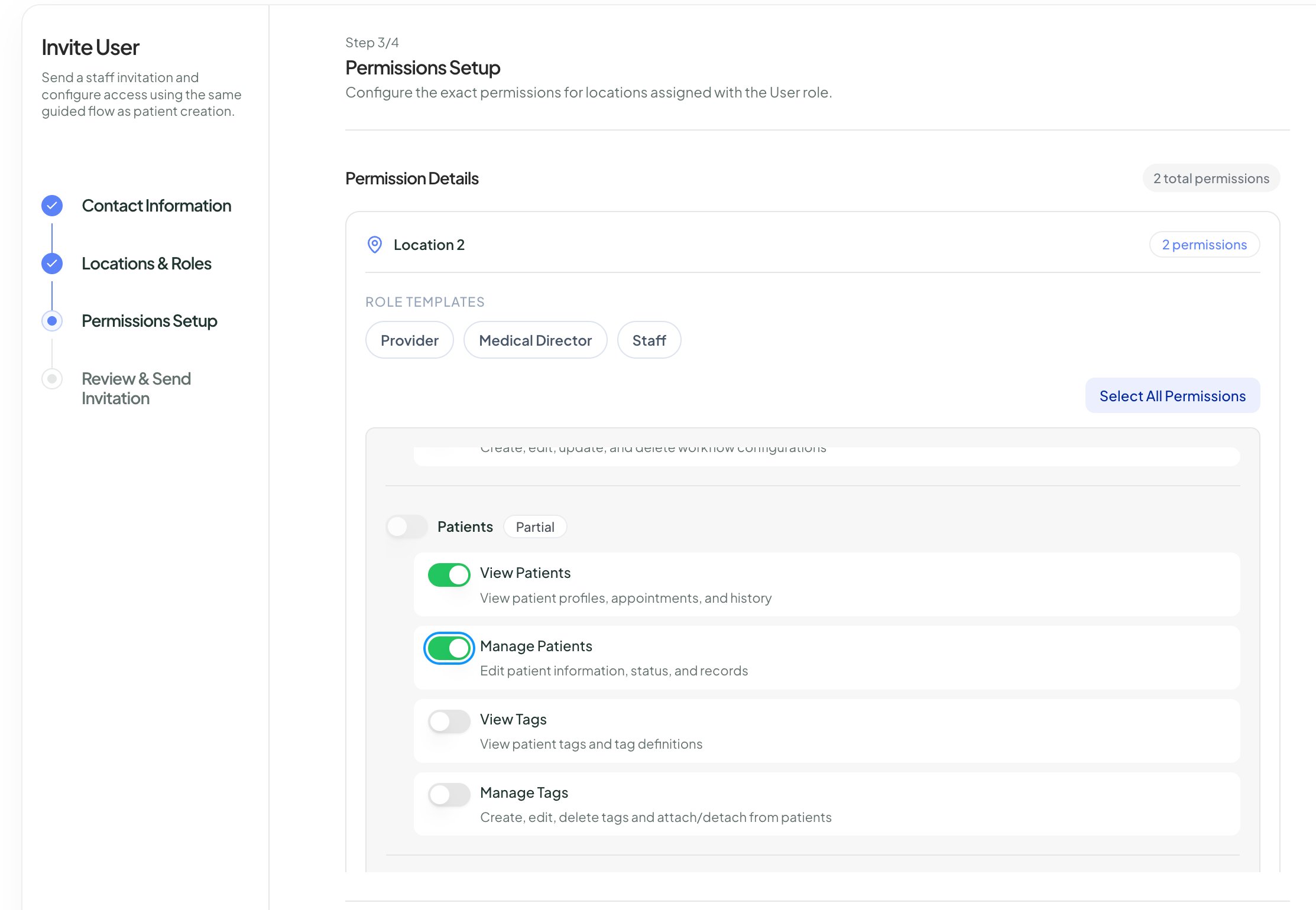 Invite User Step 3 of 4 Permissions Setup showing per-feature permission toggles for a User role