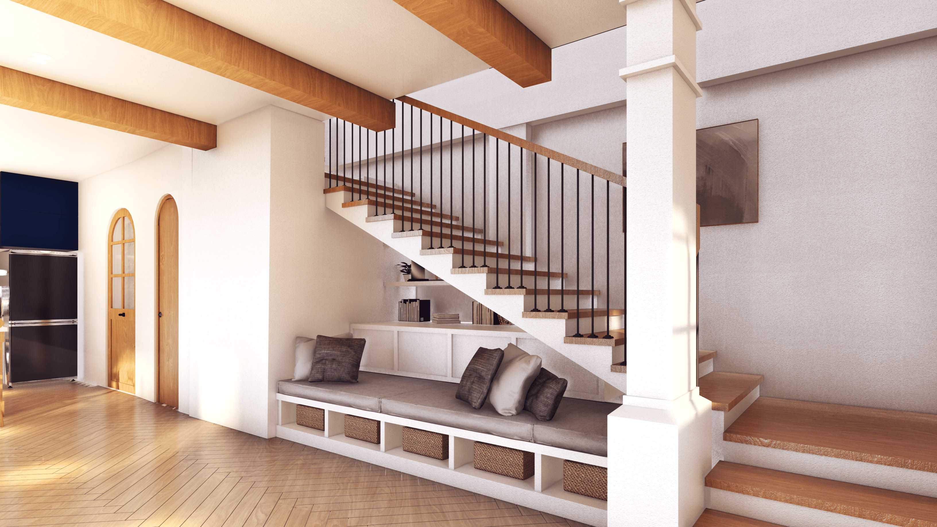 Elegant staircase with built-in seating