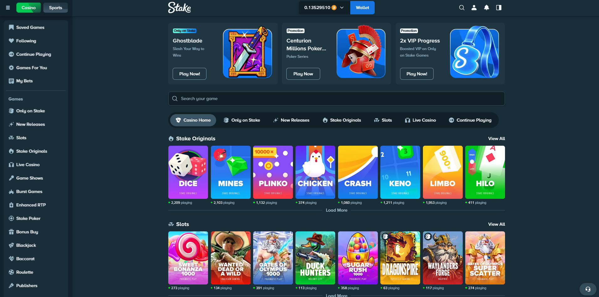 Stake Casino interface showing casino games, originals, and sportsbook