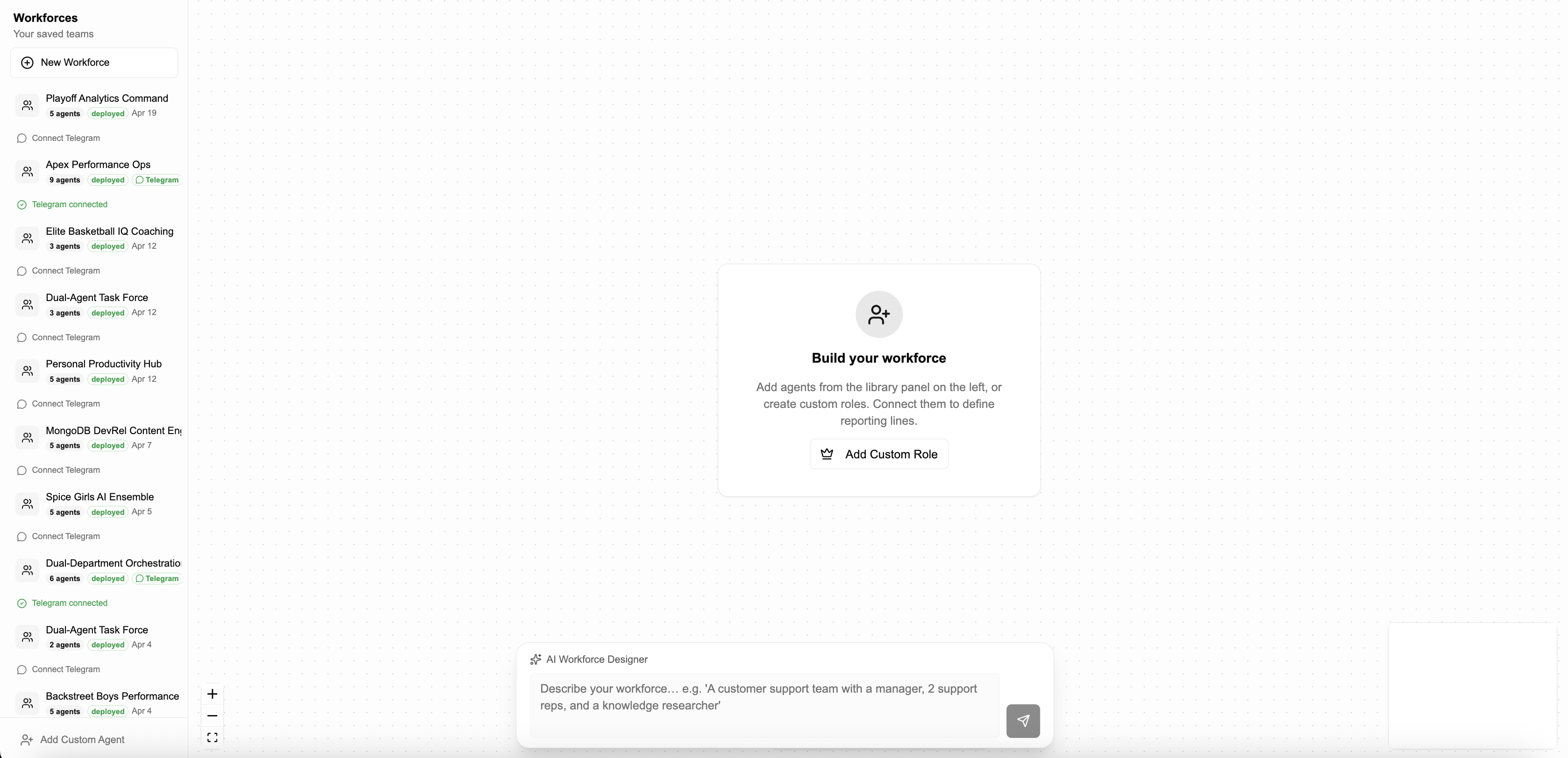 Workforce Builder empty state with sidebar showing saved workforces and the AI Workforce Designer input bar