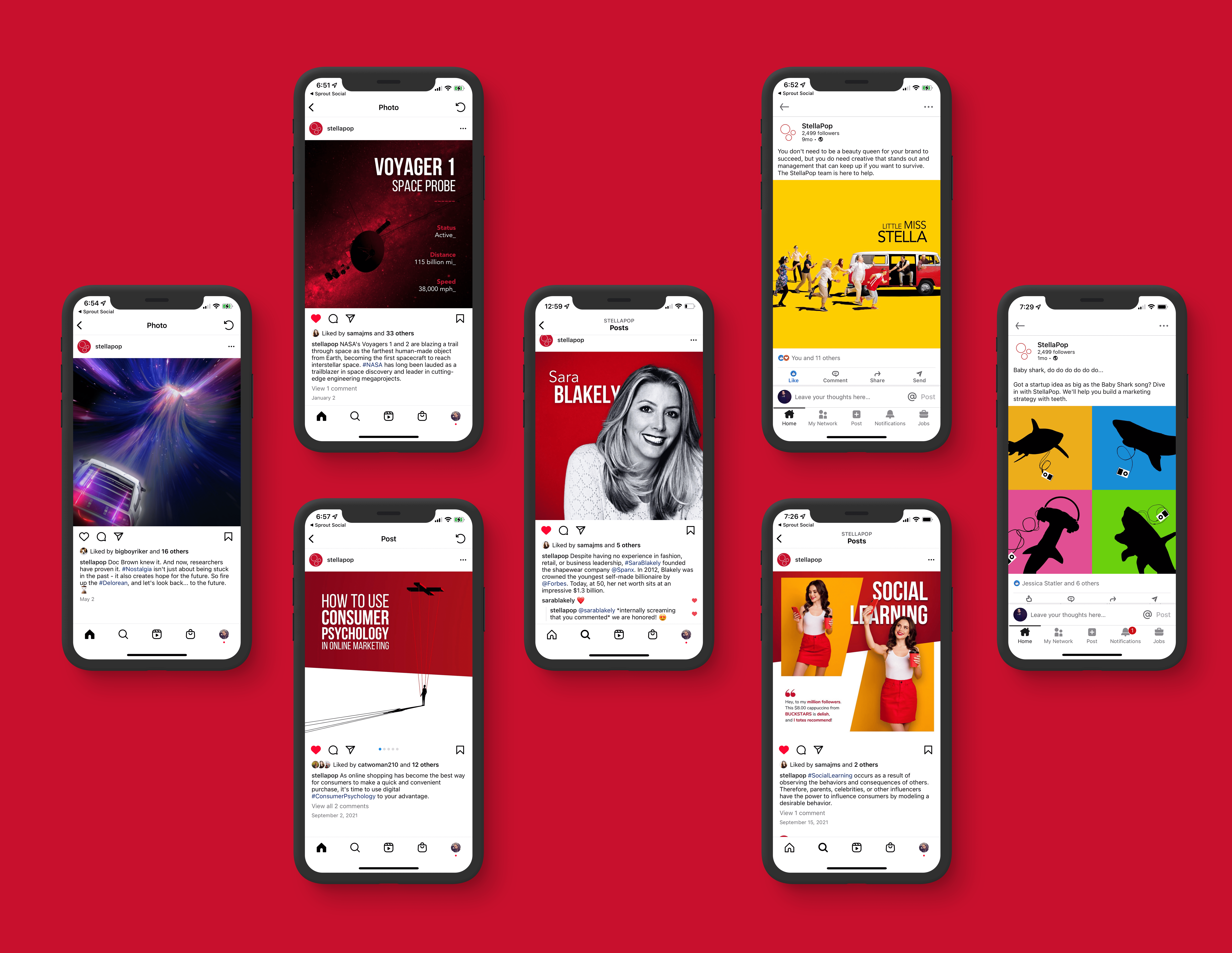 StellaPop social media phone mockups showing Instagram and LinkedIn posts across multiple campaigns