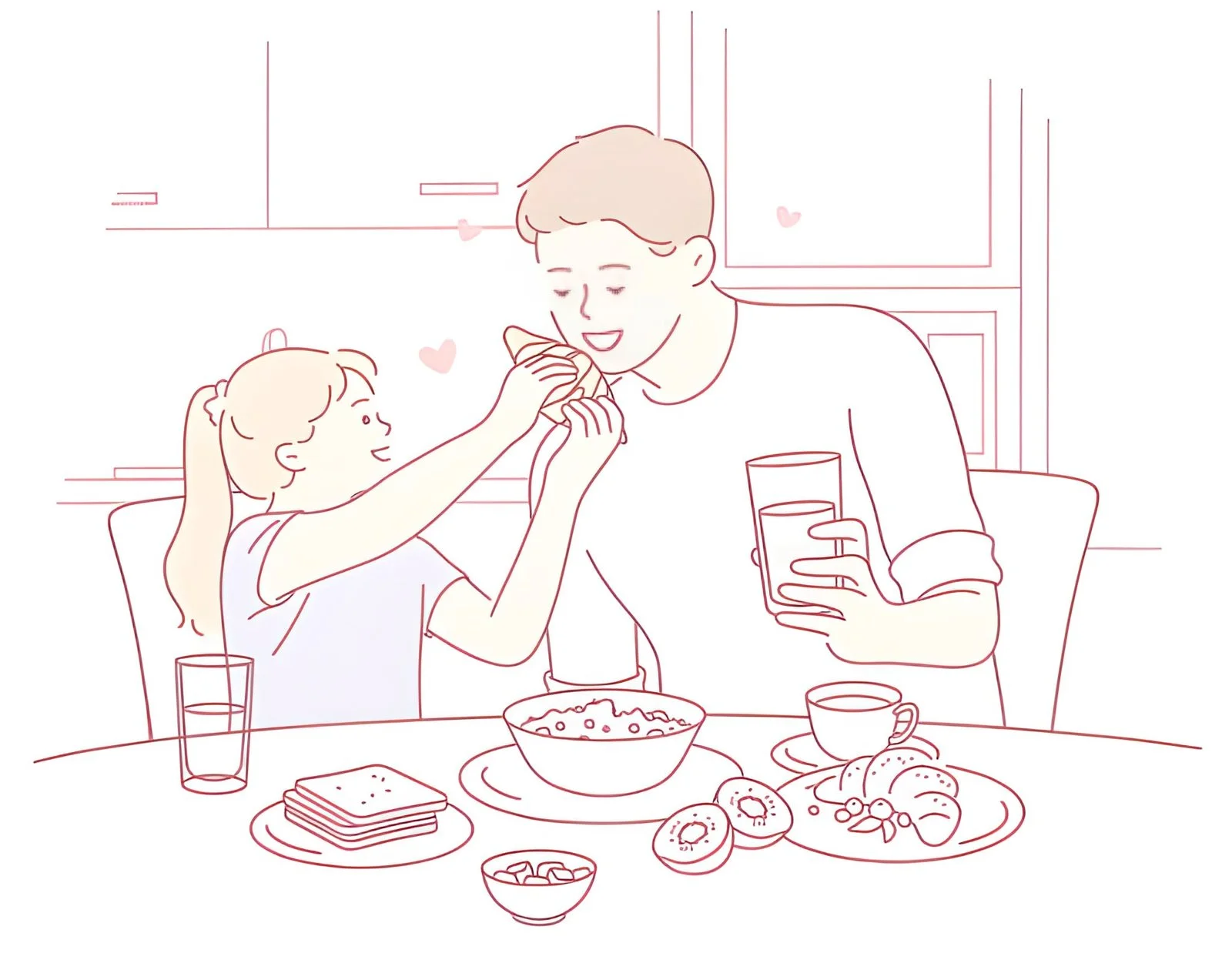 Children's book illustration — father and daughter at breakfast