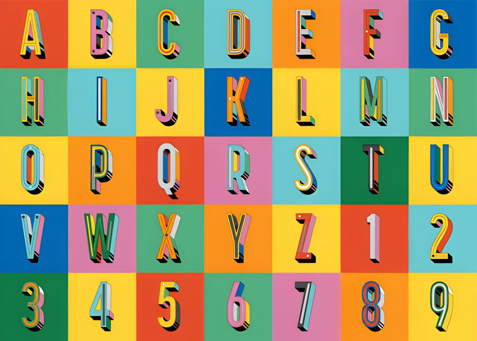 Typography illustration — colorful 3D alphabet and numbers grid