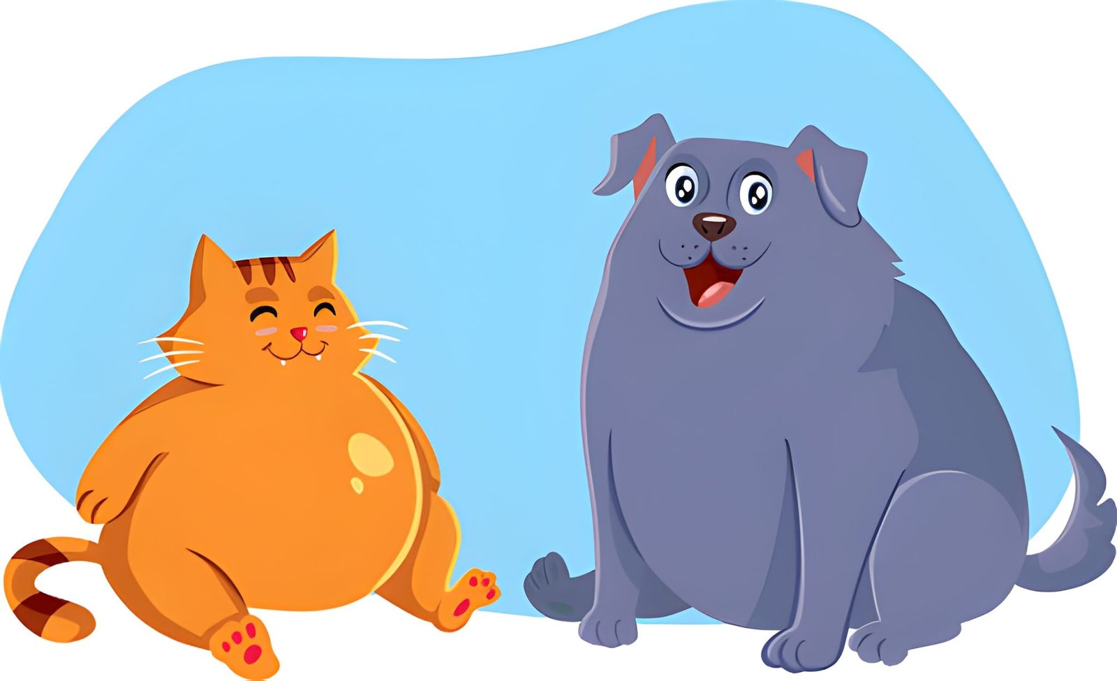 Children's book illustration — fat cat and fluffy dog sitting together