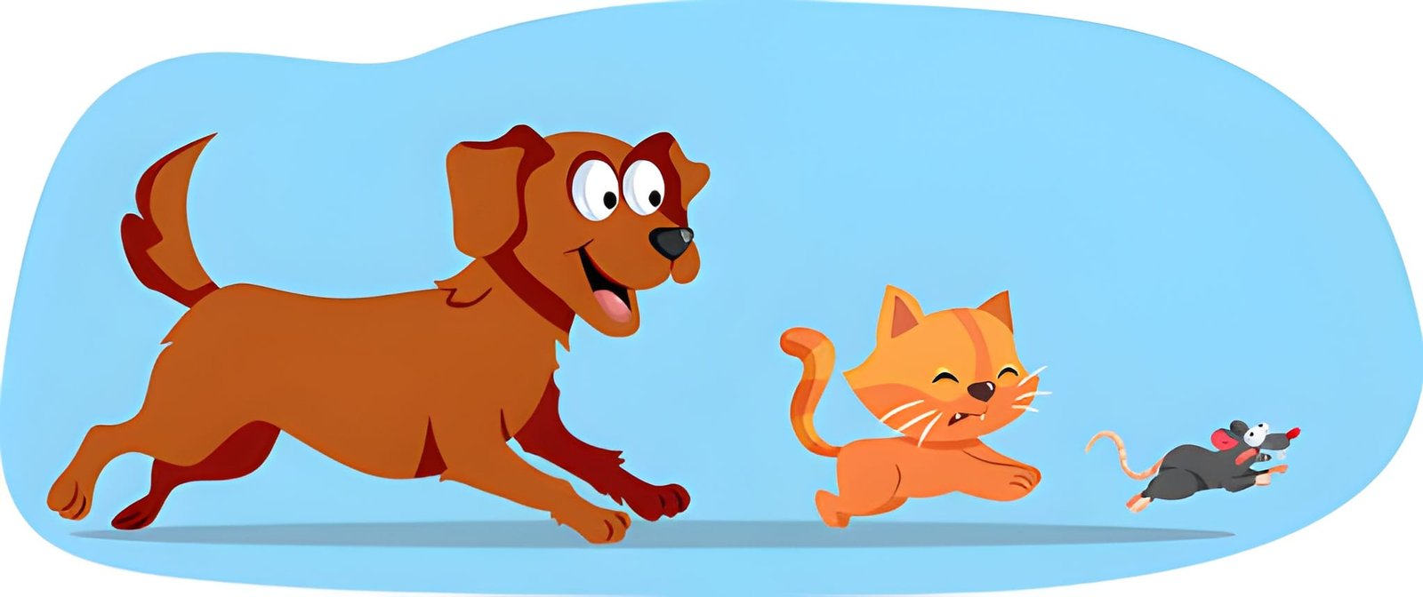 Children's book illustration — dog, cat and mouse chase scene