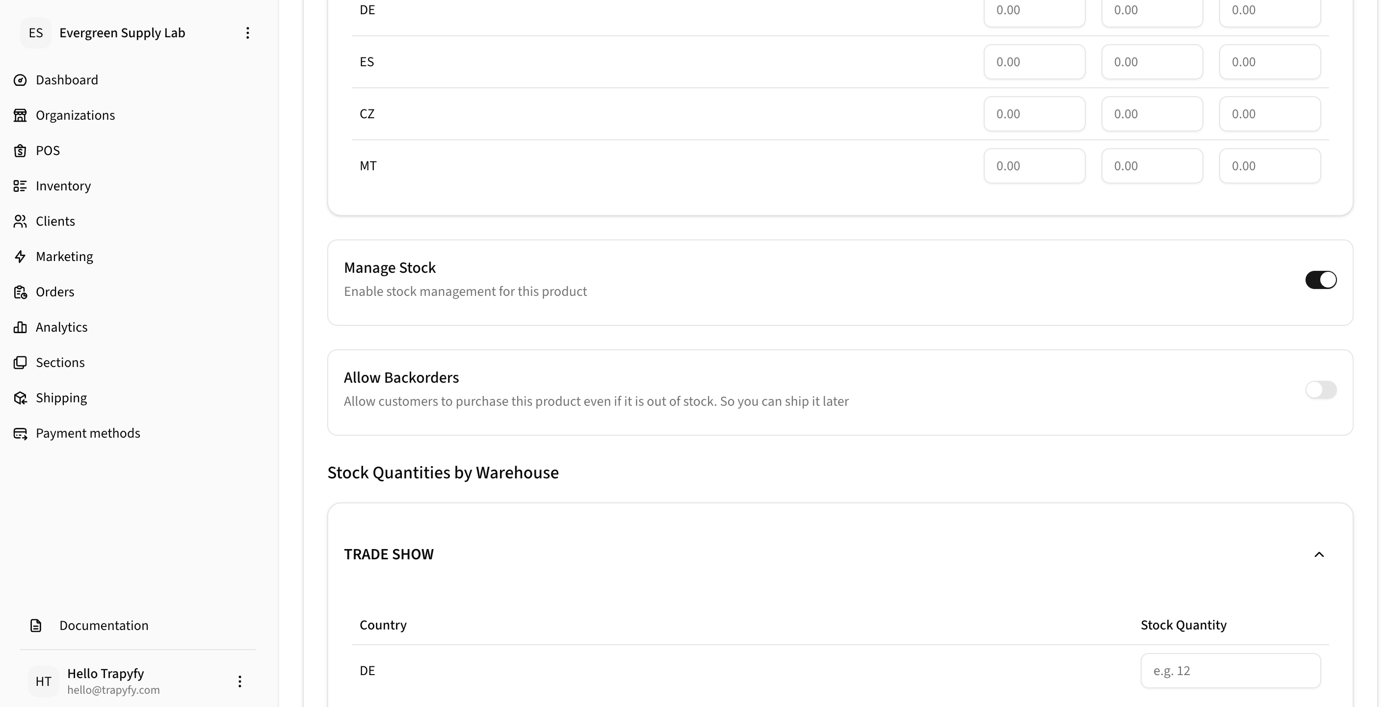Stock Quantities by Warehouse section showing TRADE SHOW warehouse with DE country stock quantity 15