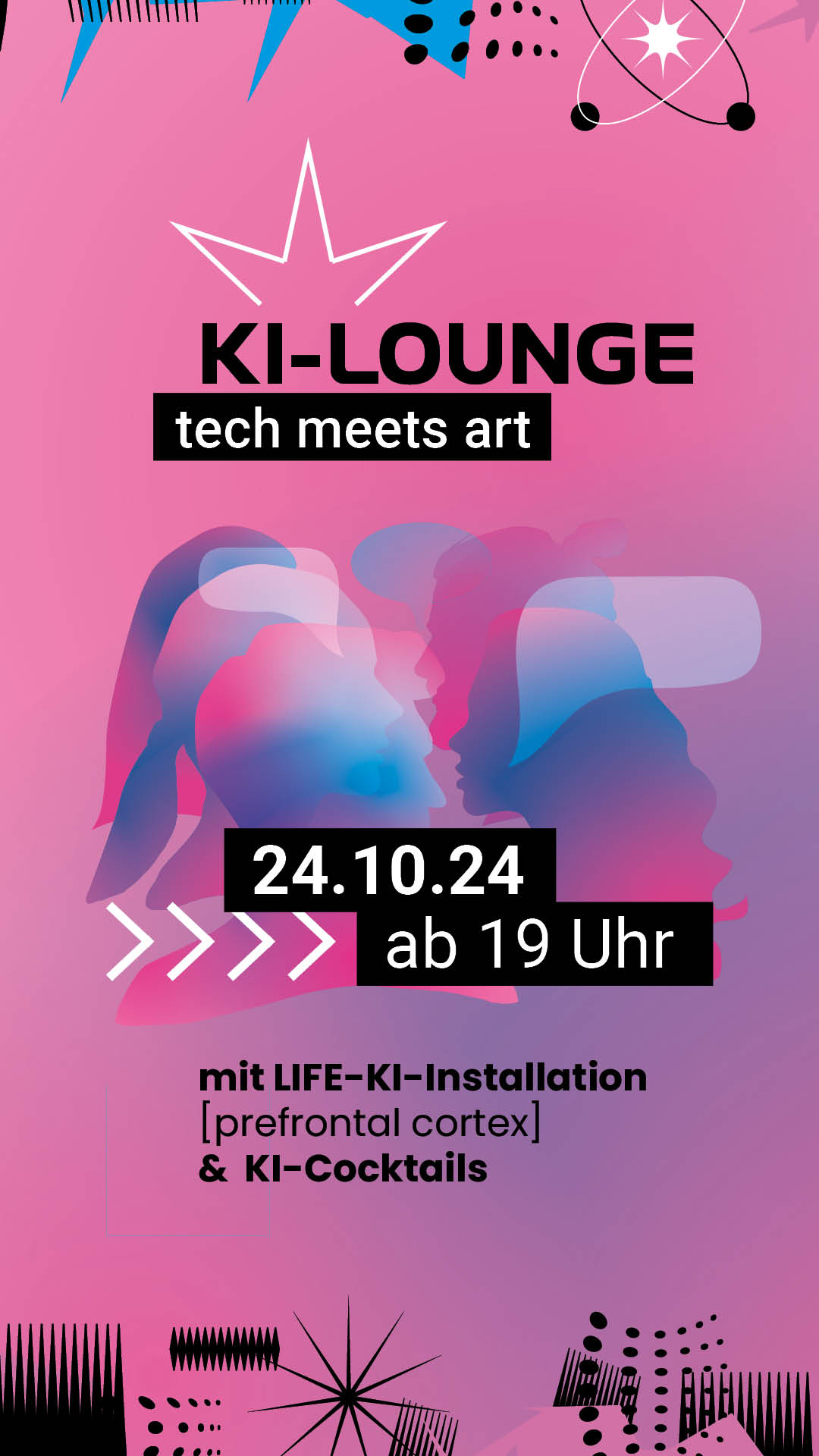 Hochformatiger KI-Lounge-Story-Post mit pinkem Hintergrund, Silhouetten und Eventdetails