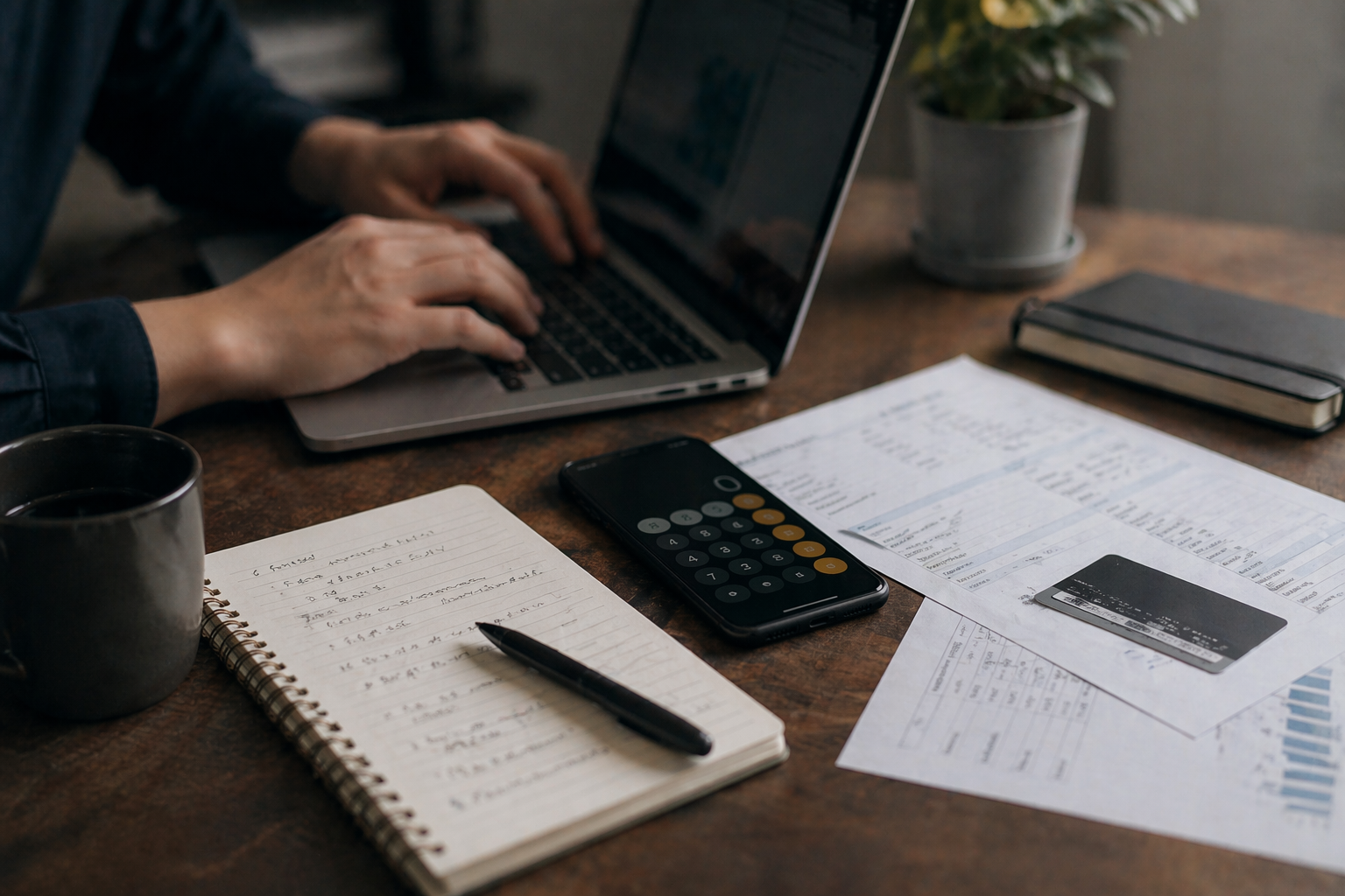 デスクでノートパソコンに向かう手元