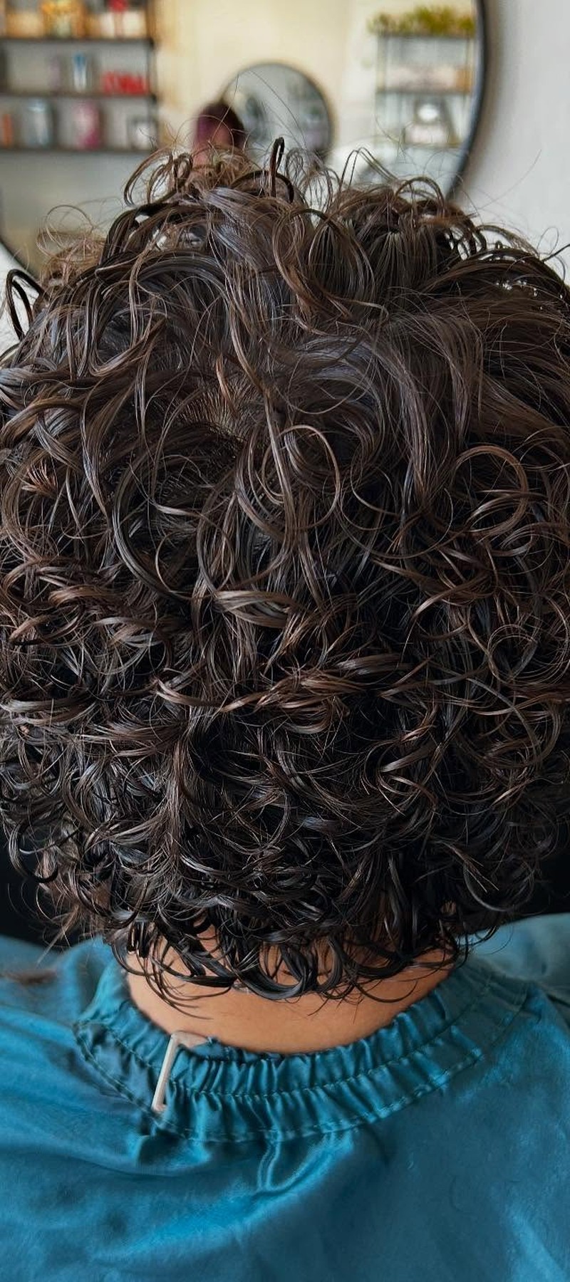 Back view of tight dark brown curls result