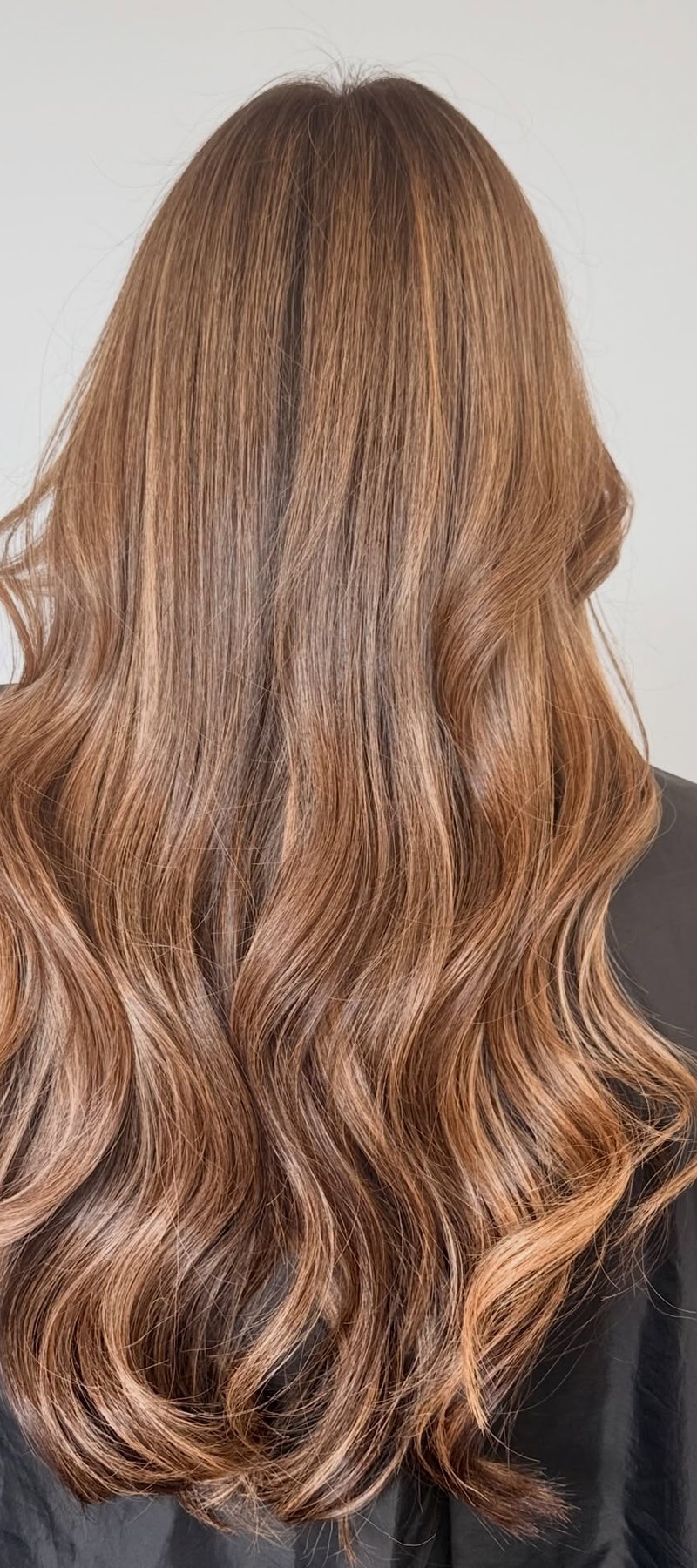 Back view of warm caramel balayage on long hair